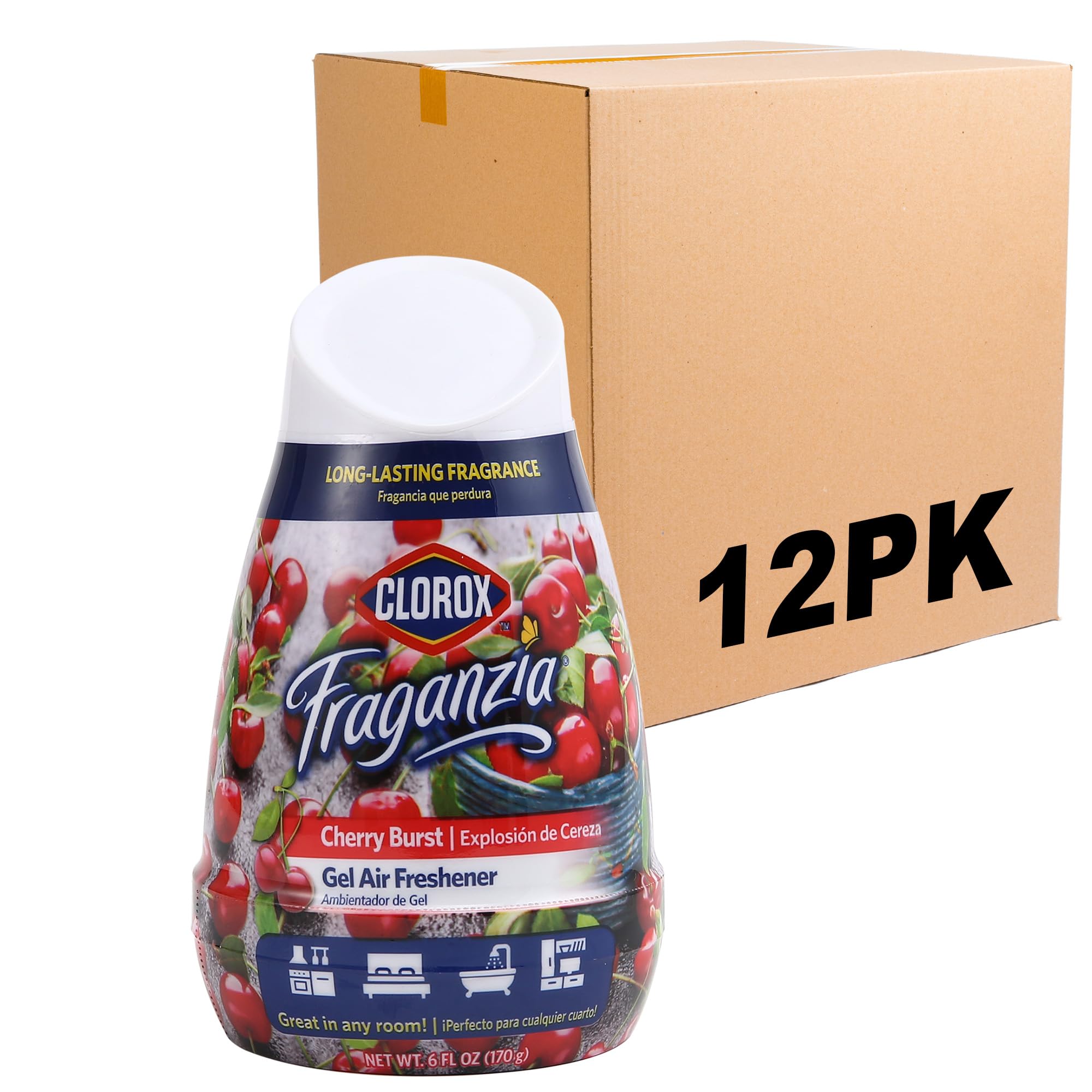 Clorox Fraganzia Gel Air Freshener Cone, Cherry Burst Scent - No-Plug, Battery-Free Air Freshener for Small Rooms, Closets, Kitchens, Bathrooms, Offices and More, 6 Ounce - 12 Pack