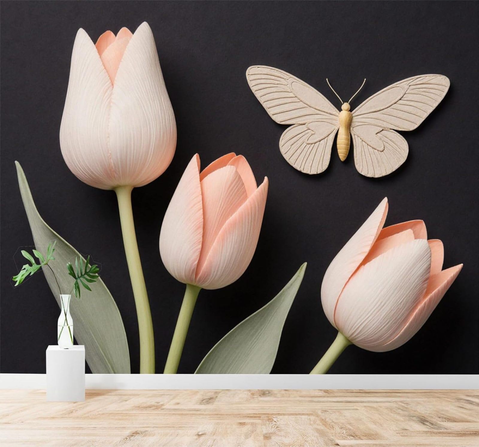 XLMING Minimalist Beige Butterfly Pink Tulip Green Leaves Dark Background 3D Wallpaper Silky Texture Home Study Office Grey Dining Room Sofa Bedroom Living Room TV Backdrop-250cm×170cm