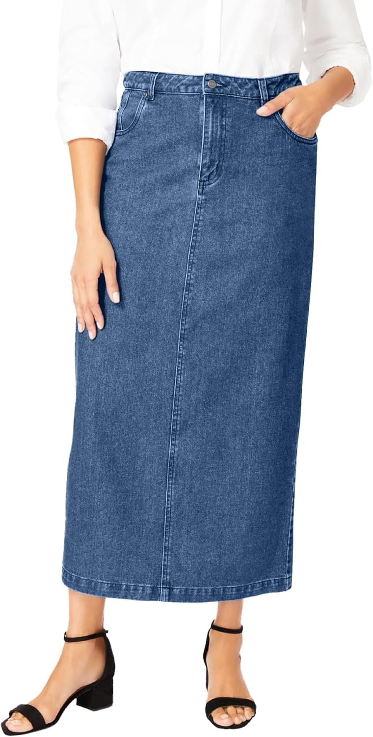 Jessica London Women's Plus Size Classic Cotton Denim Midi Skirt Pockets Long Jean Skirt