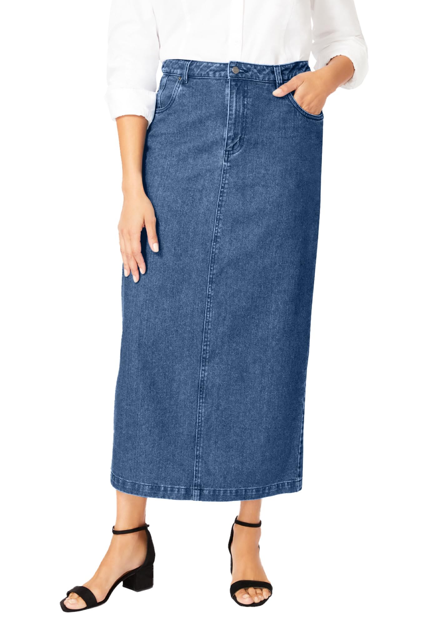 Jessica London Women's Plus Size Classic Cotton Denim Midi Skirt Pockets Long Jean Skirt