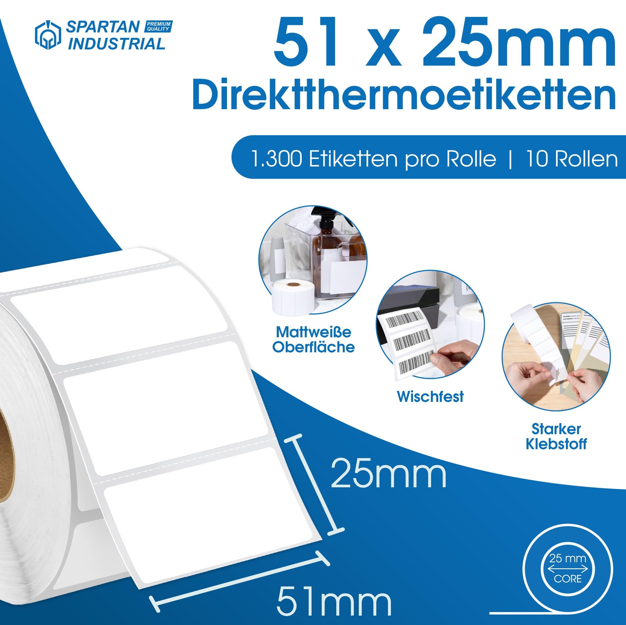 Spartan Industrial – Thermoetiketten 51 x 25 mm – 10 Rollen à 1.300 Etiketten – Perforierte Barcode- und Adressetiketten auf Rolle – Kompatibel mit Rollo und Zebra Desktop-Etikettendruckern