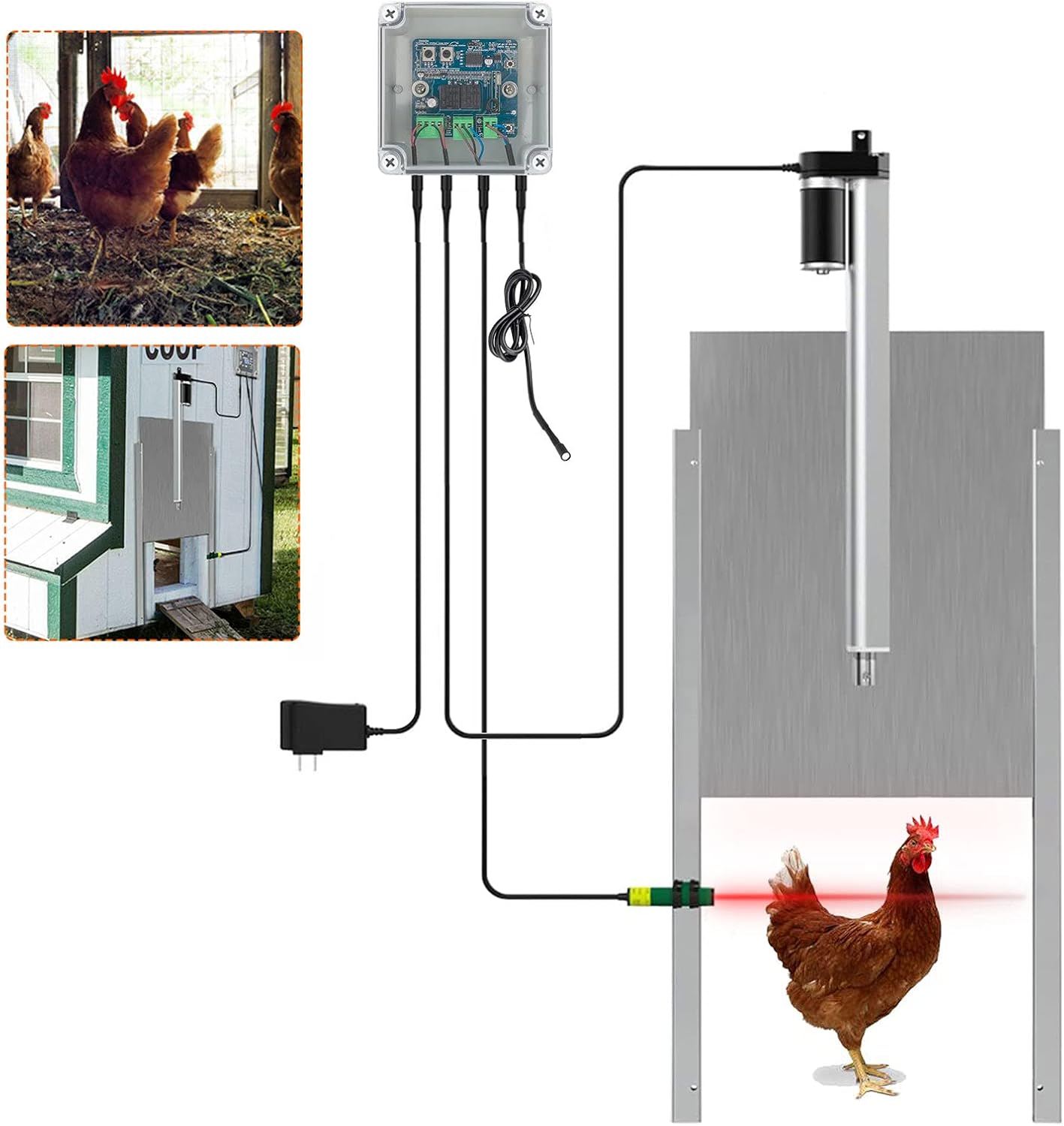 YUEWO Automatic Large Chicken Coop Door Opener Kit with Bonus Remote Control and Infrared Sensor, Rainproof Outdoor Timer Controller Actuator Motor, 12V DC Power Supply (Light Sensitive Version) : Patio, Lawn & Garden