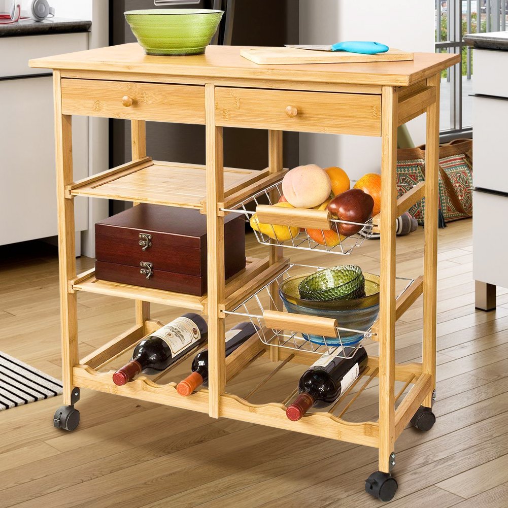 Bakaji - Carrito de Cocina de Madera de bambú con Estante para Tabla de Cortar y cajones, único