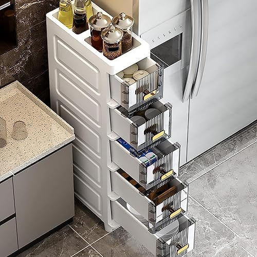 Miniatura 2 de Armario de almacenamiento pequeño de 3456 niveles para baño, organizador estrecho y delgado con ruedas, gabinete de piso de baño de gran capacidad,