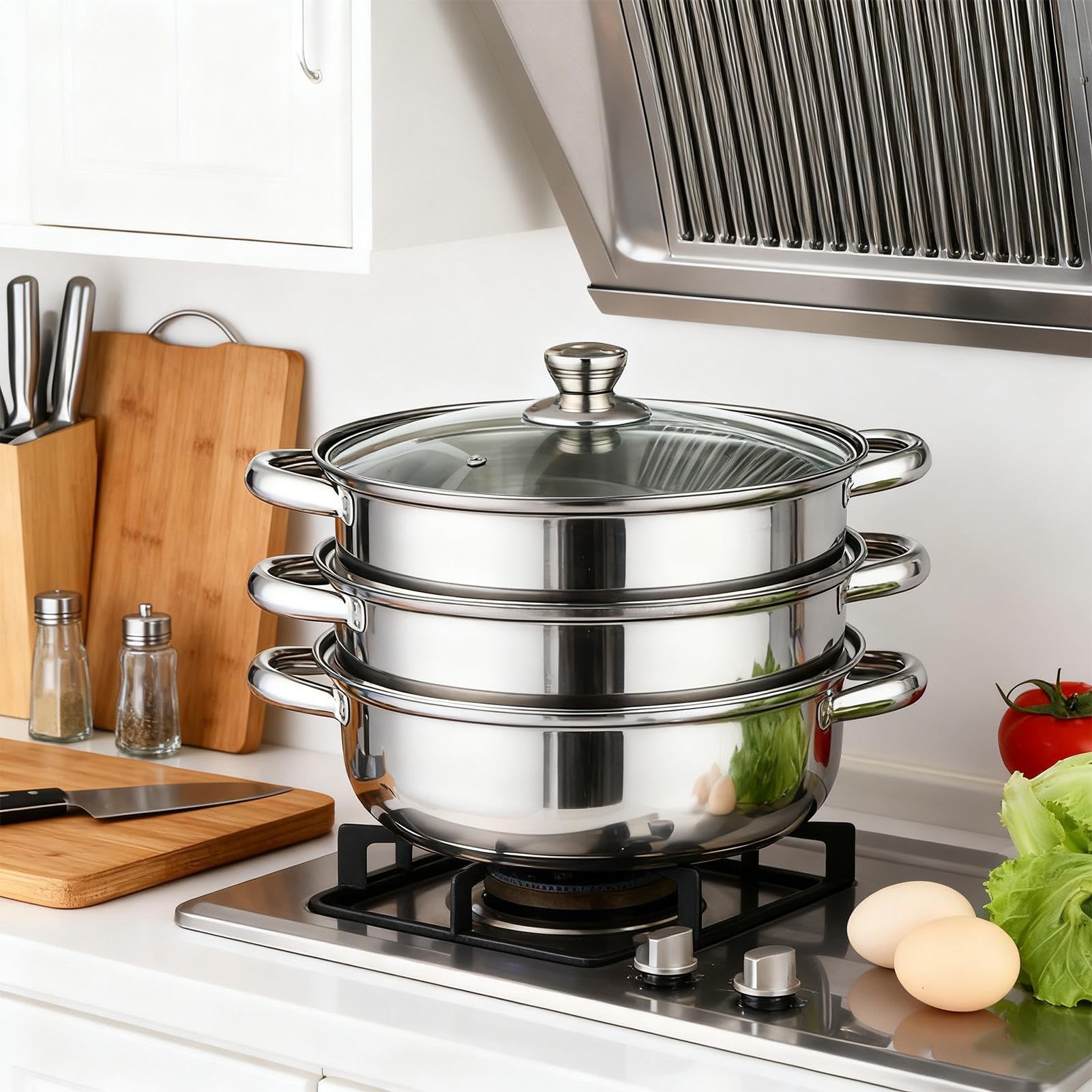 Pot à induction empilable – Ensemble de marmites vapeur en acier | inoxydable à plusieurs niveaux, récipient de cuisson avec couvercle | Équipement culinaire pour raviolis, poisson, légumes, r