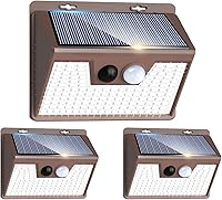 Vista 45 de Peasur Luces solares impermeables para exteriores, paquete de 4 140 luces LED con sensor de movimiento, 3 modos de luces de seguridad alimentadas