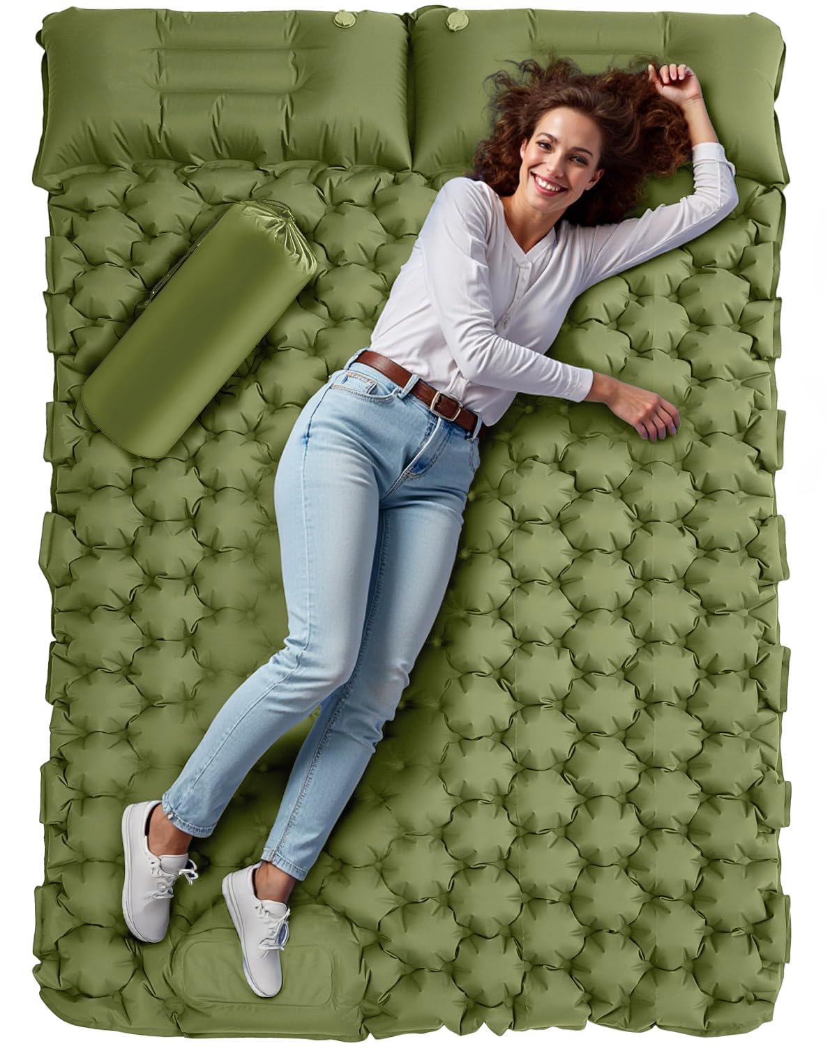 Rantizon Double Camping Mat, Self Inflating Camping Mat Sleeping Mat Camping With Pillow Thicken Foot Press Extra Camp Mattress Double for Outdoor Backpacking Hiking GREEN
