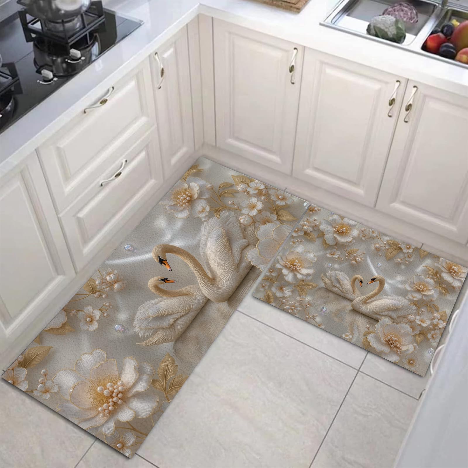 Tapis de cuisine antidérapants lot de 2 design fleurs dorées cygnes 40x60 et 40x120cm