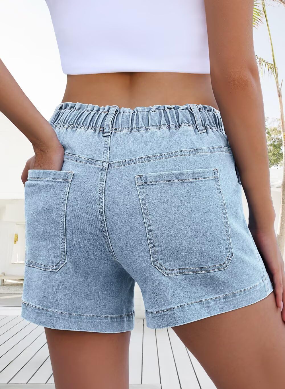 FEKOAFE Womens Stretchy Denim Shorts 2026 Summer Casual Drawstring Elastic Waist Jean Shorts with Pockets（S-XL）