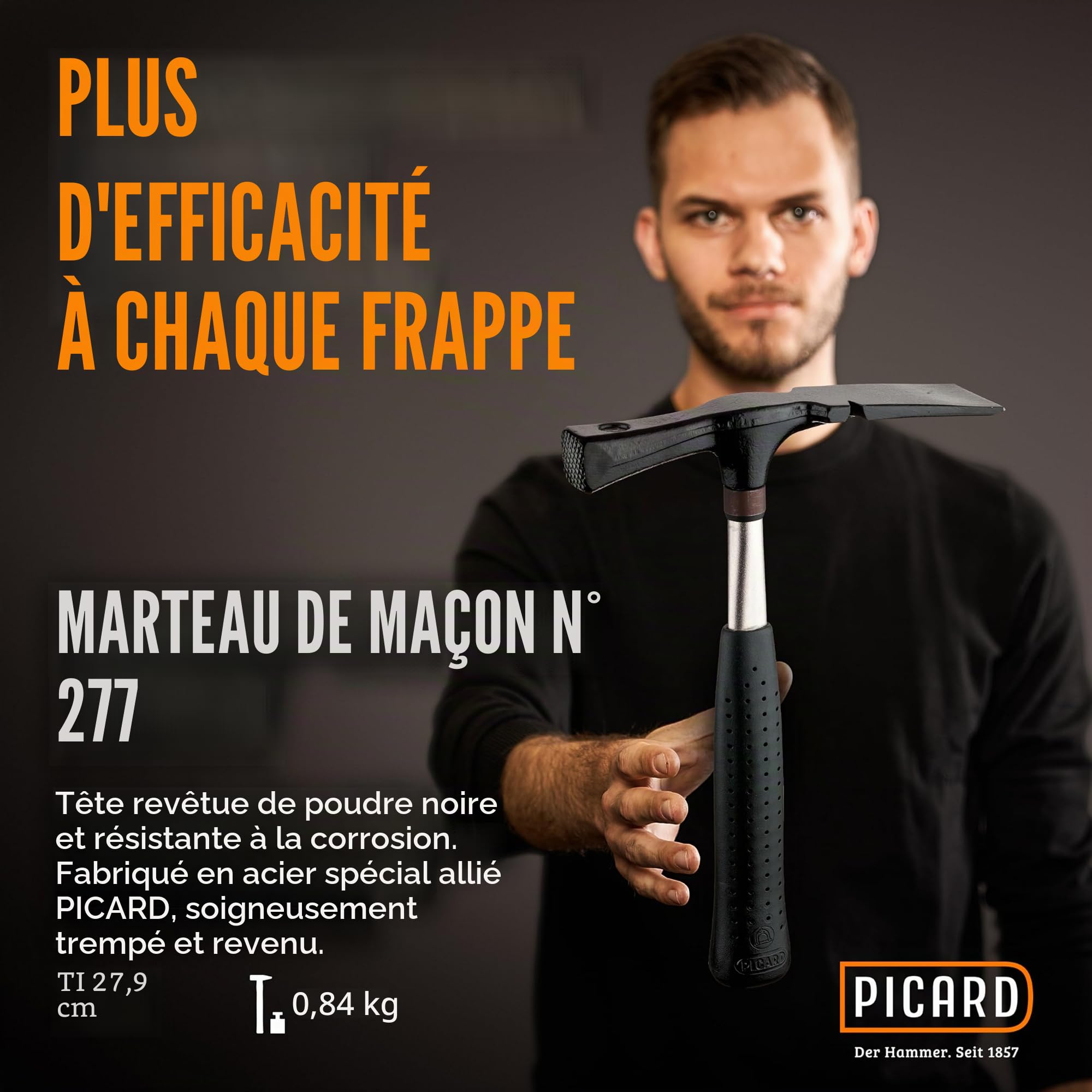 Picard 0027700 Marteau de maçon modèle Berlin 600 g, Noir/Argent