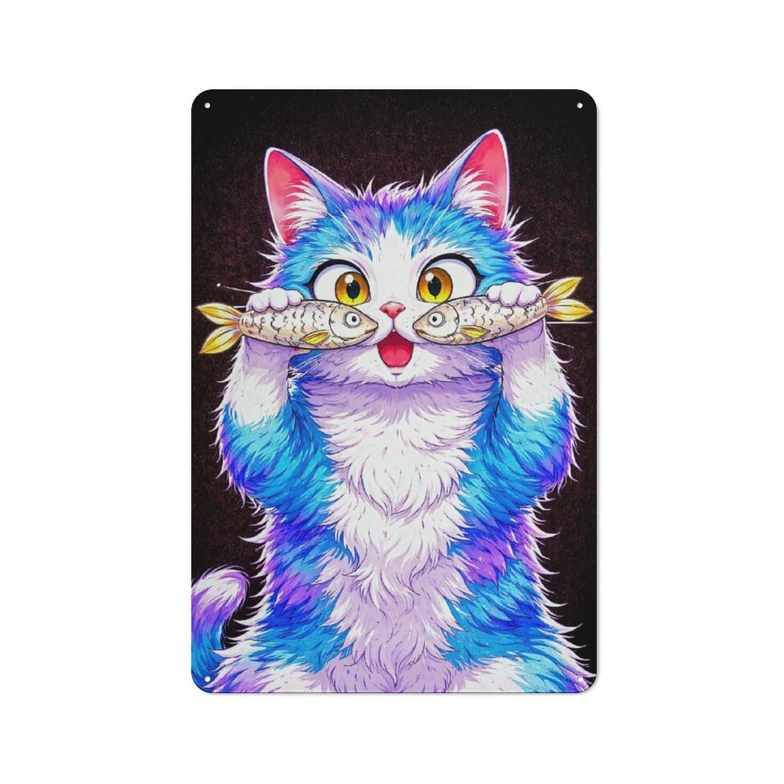 Junmoney Style-13 Tin Wall Plaque 30X20cm With Cute Cat Holding Fish For Pub Or Café, For Hospitality Wall Decor Collectors