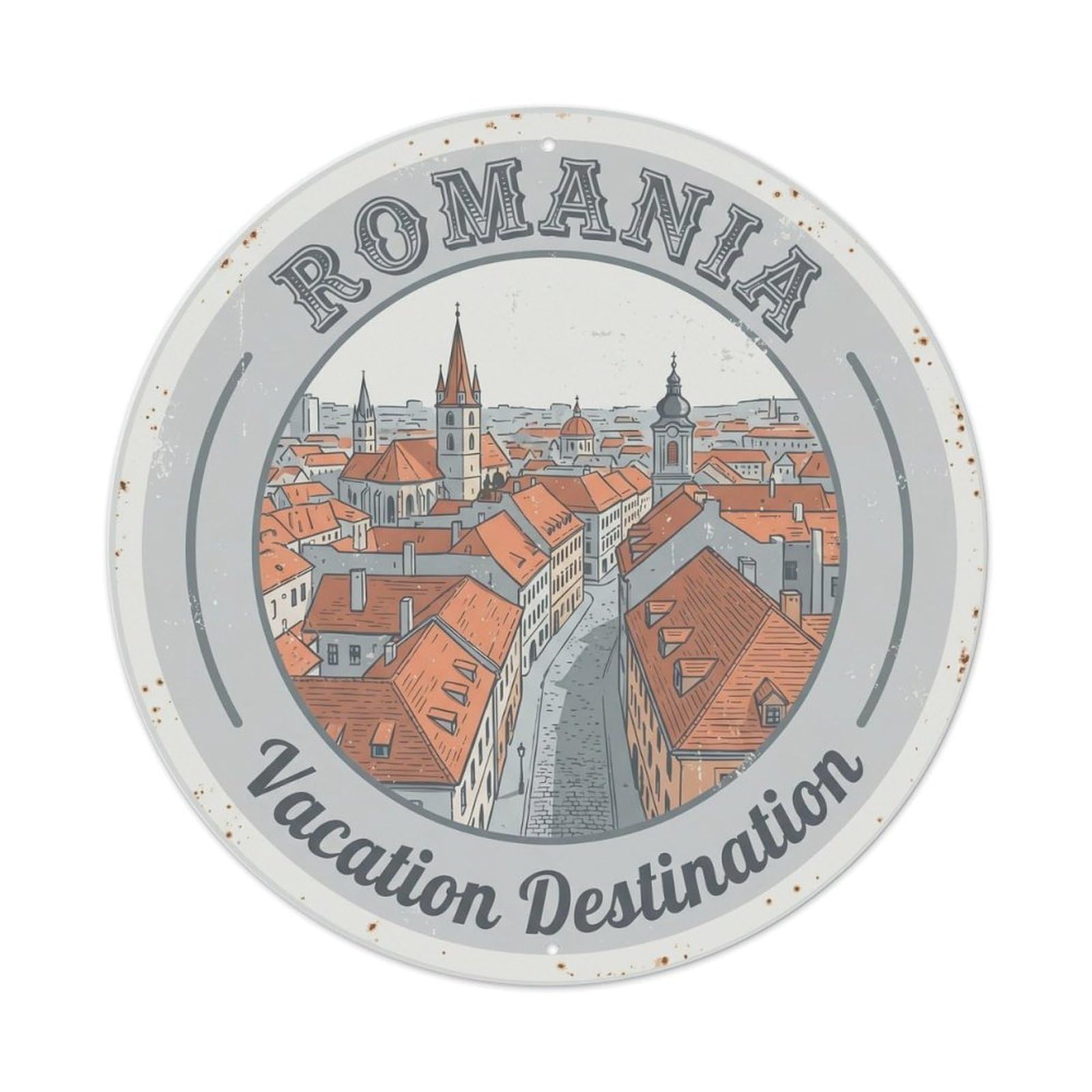 Vintage Travel Romania Oldtown Vacation Metal Tin Sign