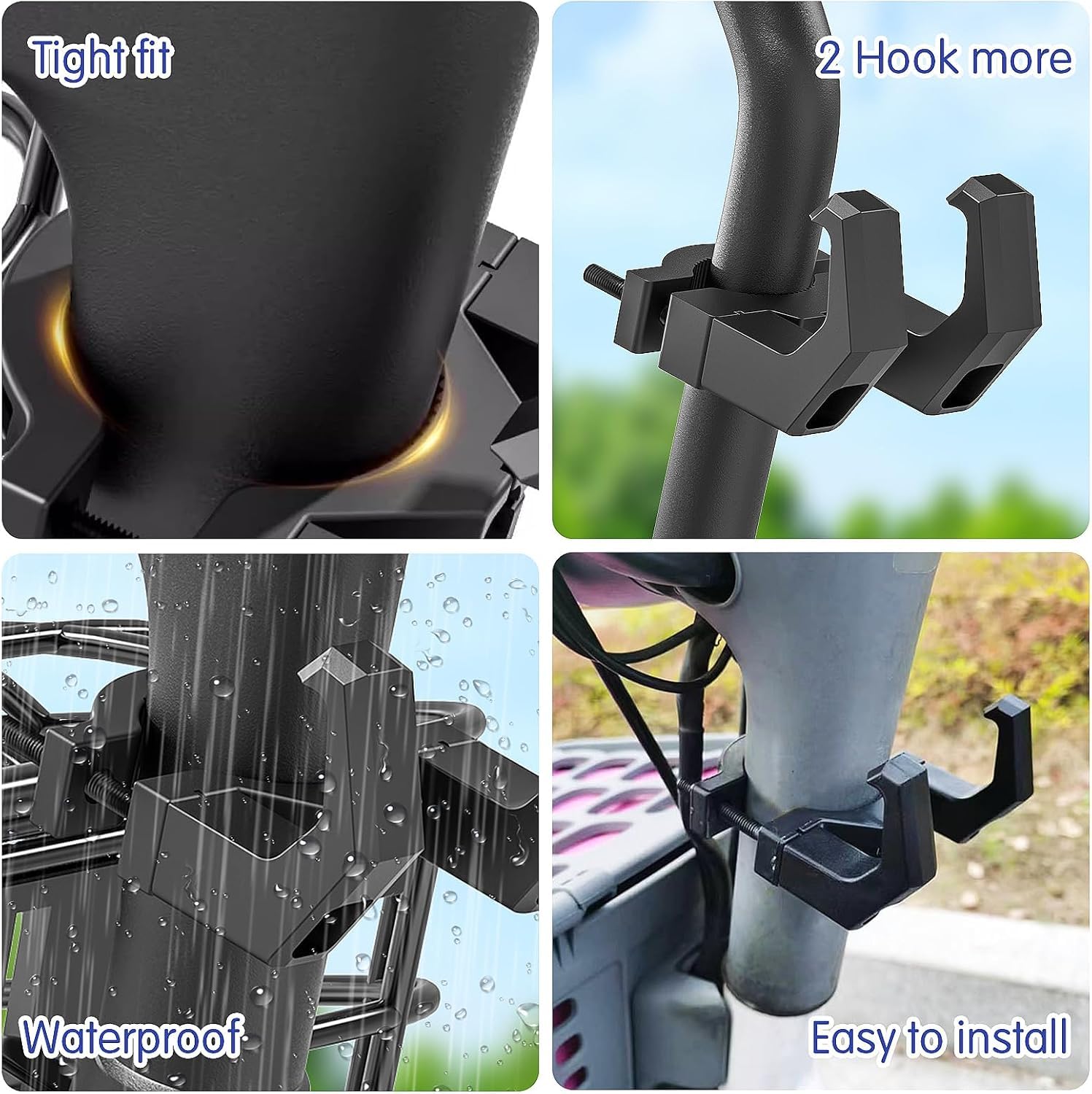 2 Ganci Anteriori per Monopattino Elettrico, Doppio Gancio Universale Nero, Accessorio Multifunzione per Scooter Elettrici, Bici e Motocicli