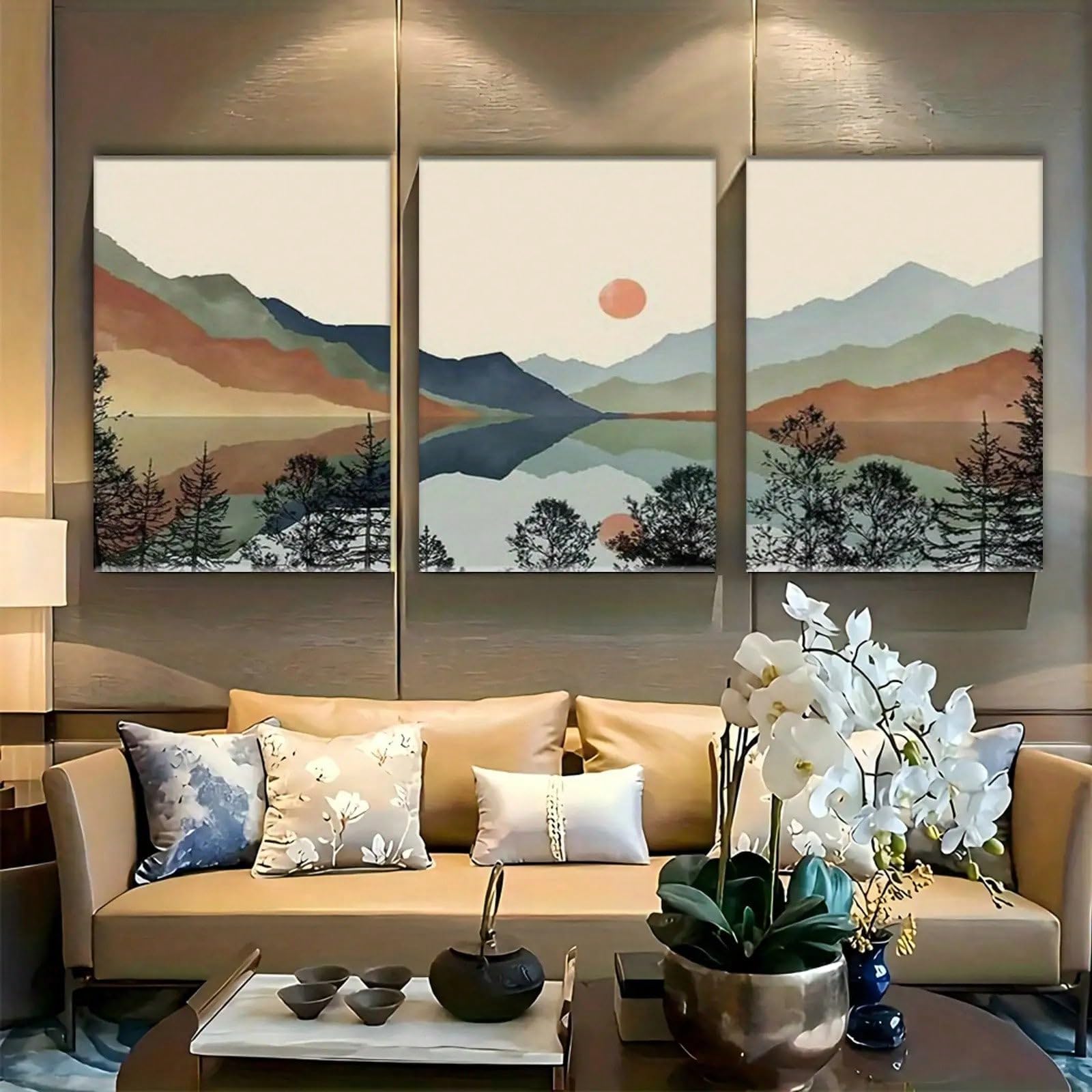 ZBELLO Set of 3 Mountain Landscape Canvas Wall Art, Abstract Sunset Lake Nature Wall Prints, Boho Scenery Wall Pictures for Living Room Bedroom Decor, Unframed (30x40cm)