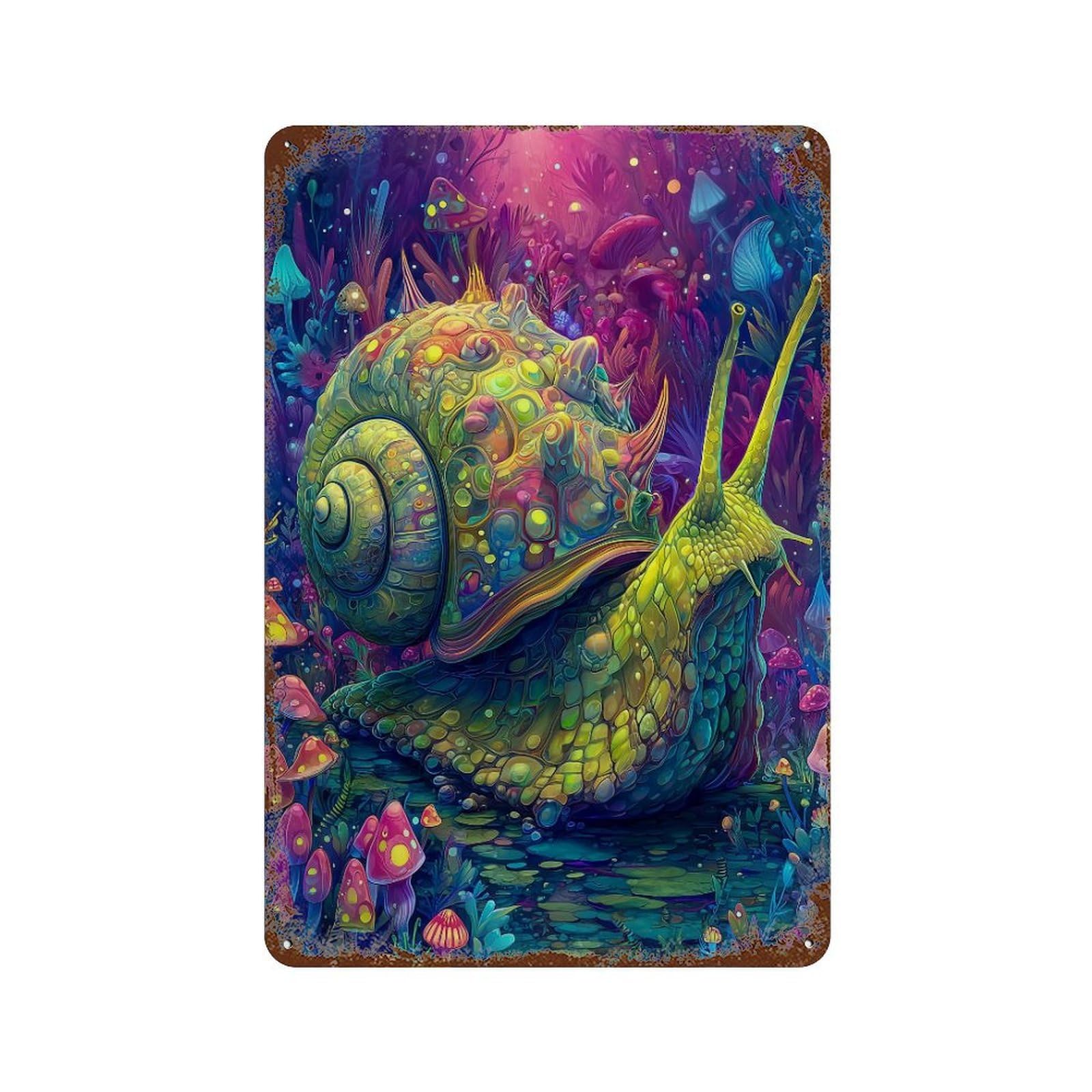 Garage Style Colorful Fantasy Snail Artwork Distressed Metal Wall Sign 11.8"x7.9", Retro Wall Decor for Bar And Workshop