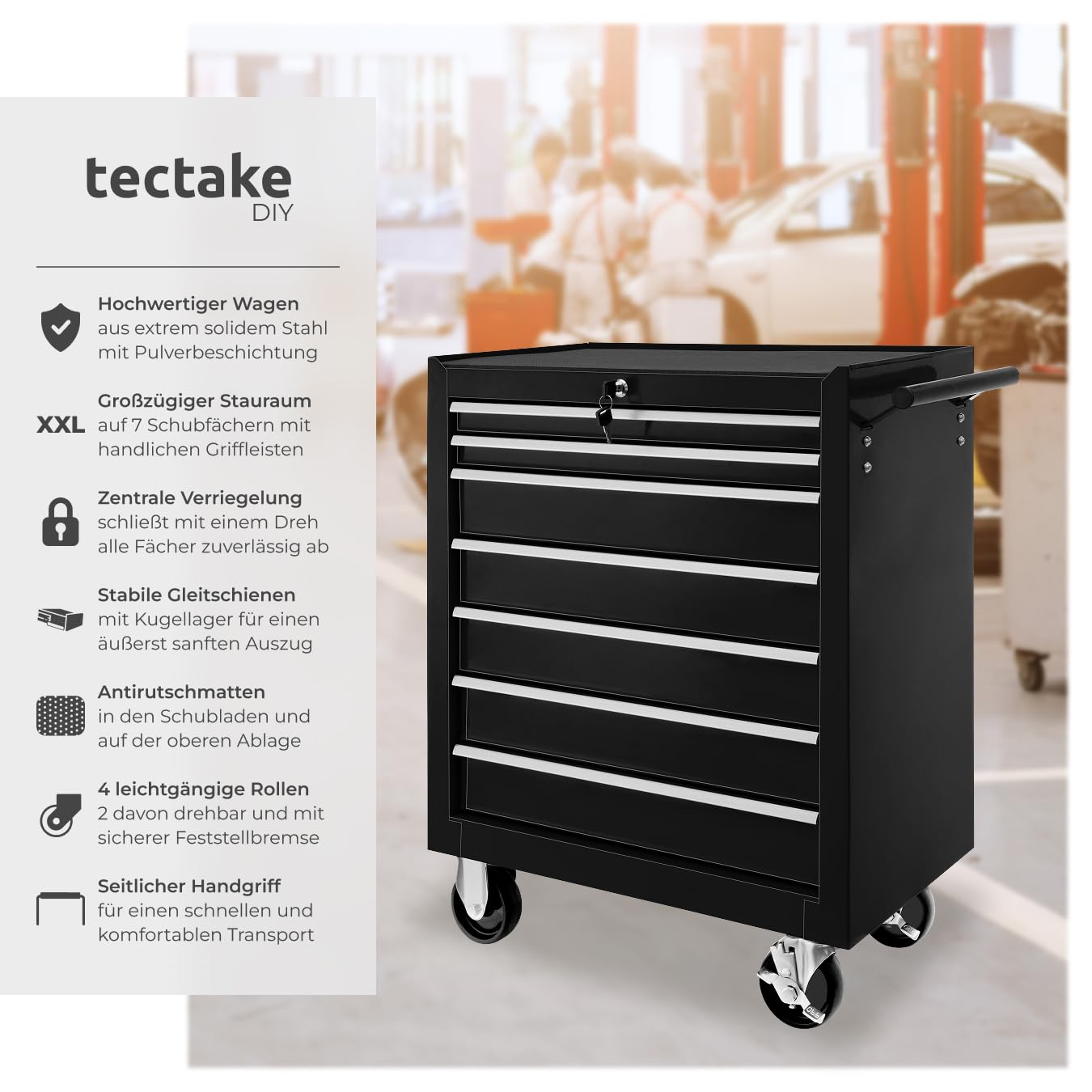 tectake Werkzeugwagen, Werkstattwagen, rollende Werkstatt, Werkzeugwagen leer, Werkzeugbox, 7 Schubfächer, 69 x 33 x 79 cm, Rollen mit Bremsen, inkl. 2 Schlüssel - schwarz