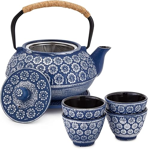 Juvale Juego de 6 teteras japonesas de hierro fundido con infusor, 4 tazas de té y salvamanteles (32 onzas, azul) disponible en Yaxa Mexico