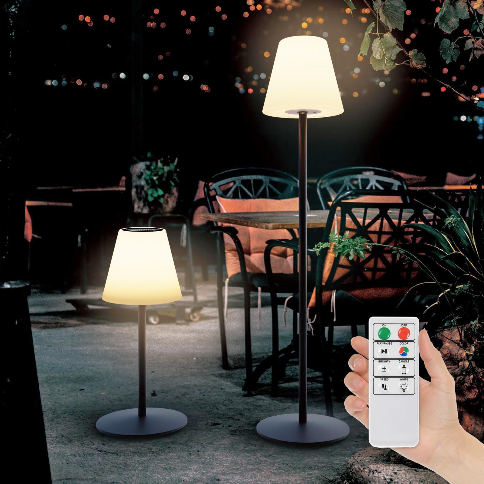 Lámpara de Pie Solar Inalámbrico Para Exteriores, Mandos a Distancia Blanco Cálido y RGB Regulable, IP44 Resistente al Agua Lámpara de Mesa Grande Para Jardín, Hotel, Patio (Negro)