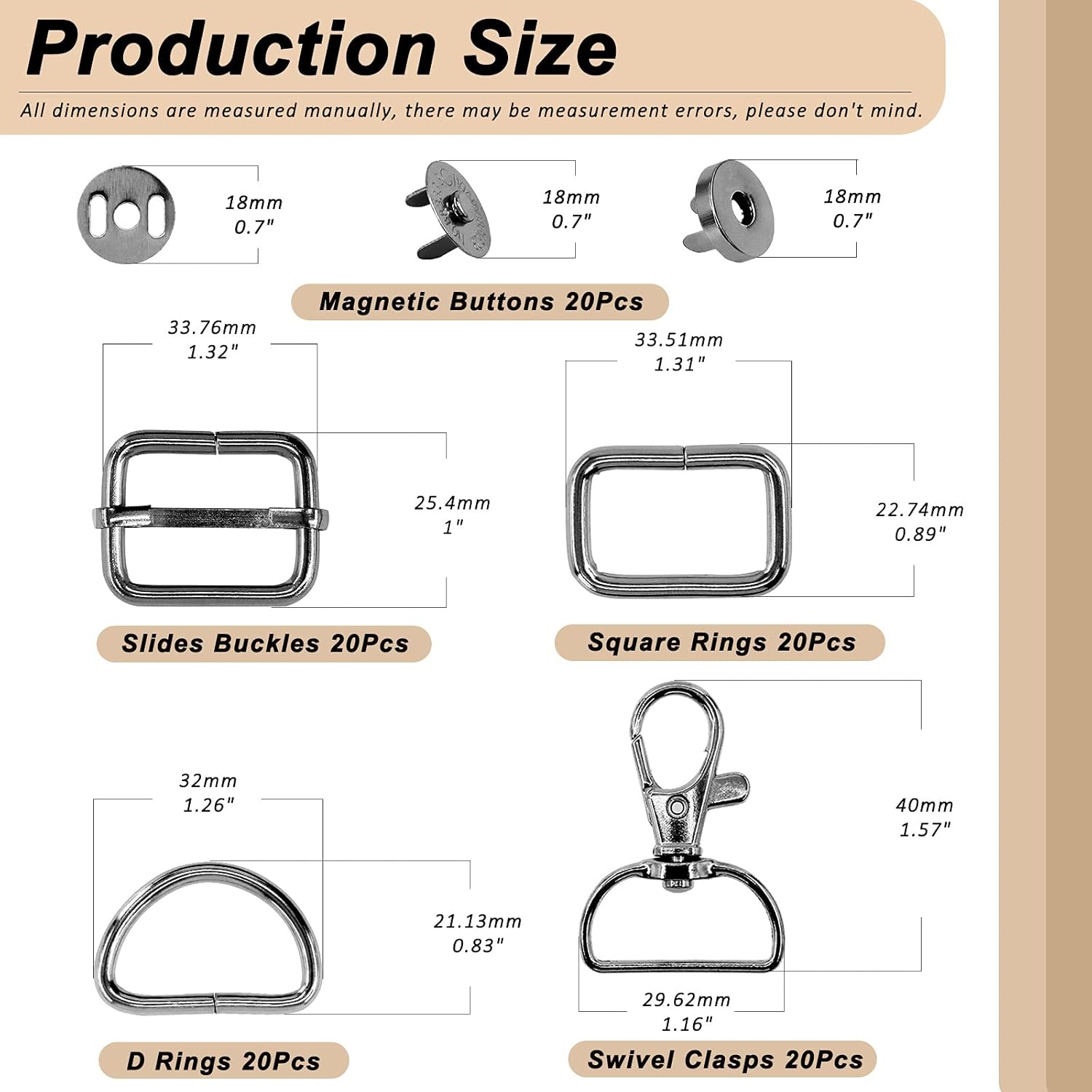 280Pcs 1" Purse Hardware Buckles Set with 0.7" Magnetic Snap Buttons, Include D Rings, Swivel Clasps, Slide buckles, Metal Rectangle Ring Buckles (Black, Silver)