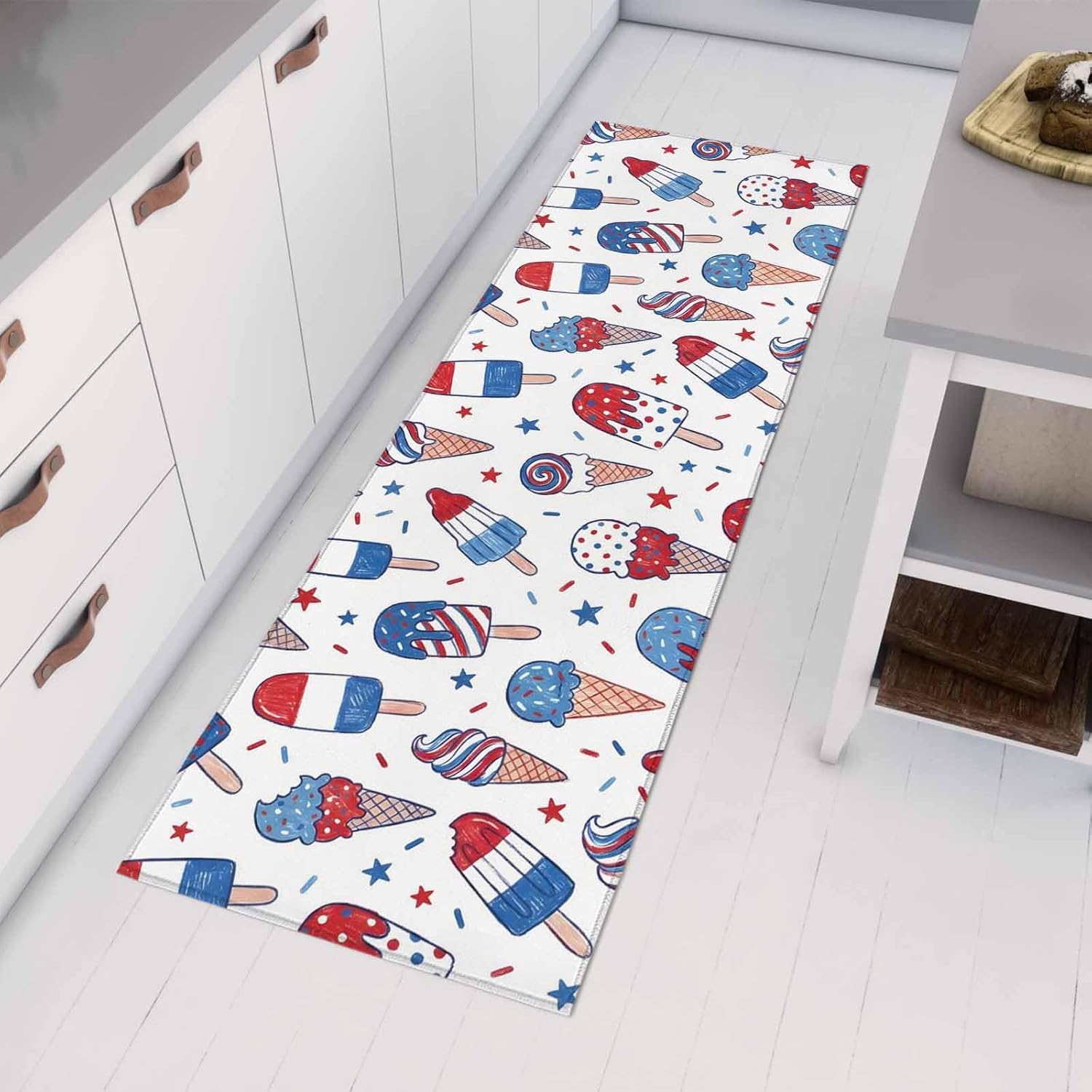 Teamery Kitchen Mats for Floor Independence Day 250th Anniversary Washable Non Slip Kitchen Rugs 1PCS, Patriotic Ice Cream Absorbent Standing Mats for Sink Bathroom Office Living Room 23.6x70.9in