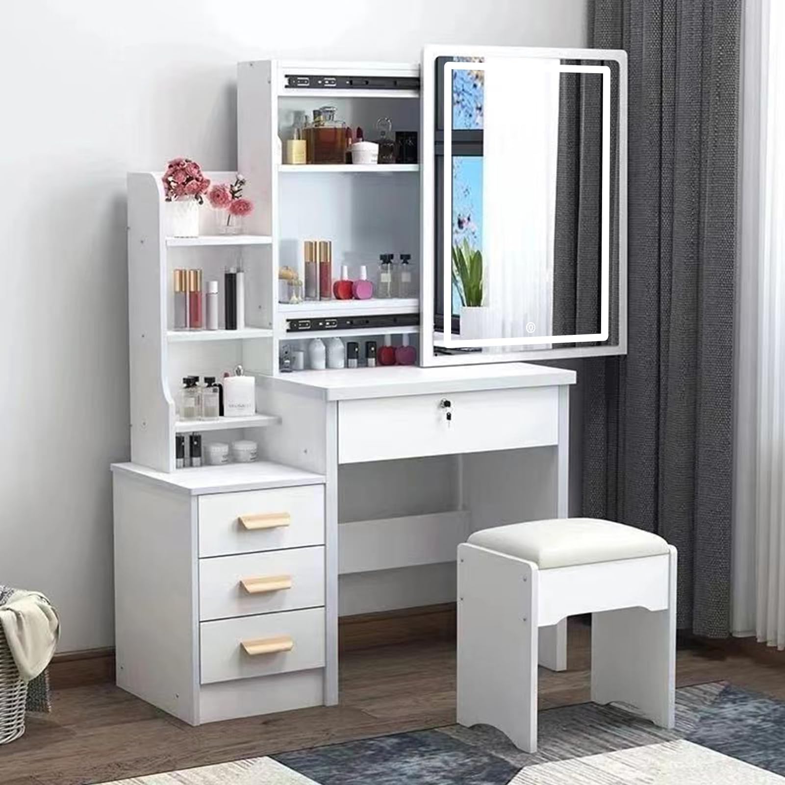 GYMNASTIKA Makeup Vanity Desk with Mirror Lights, 3 Colour LED Light Modes Bedroom Dressing Table wih Drawers Shelves Chair and a Lock Easy Assembly Vanity desks White