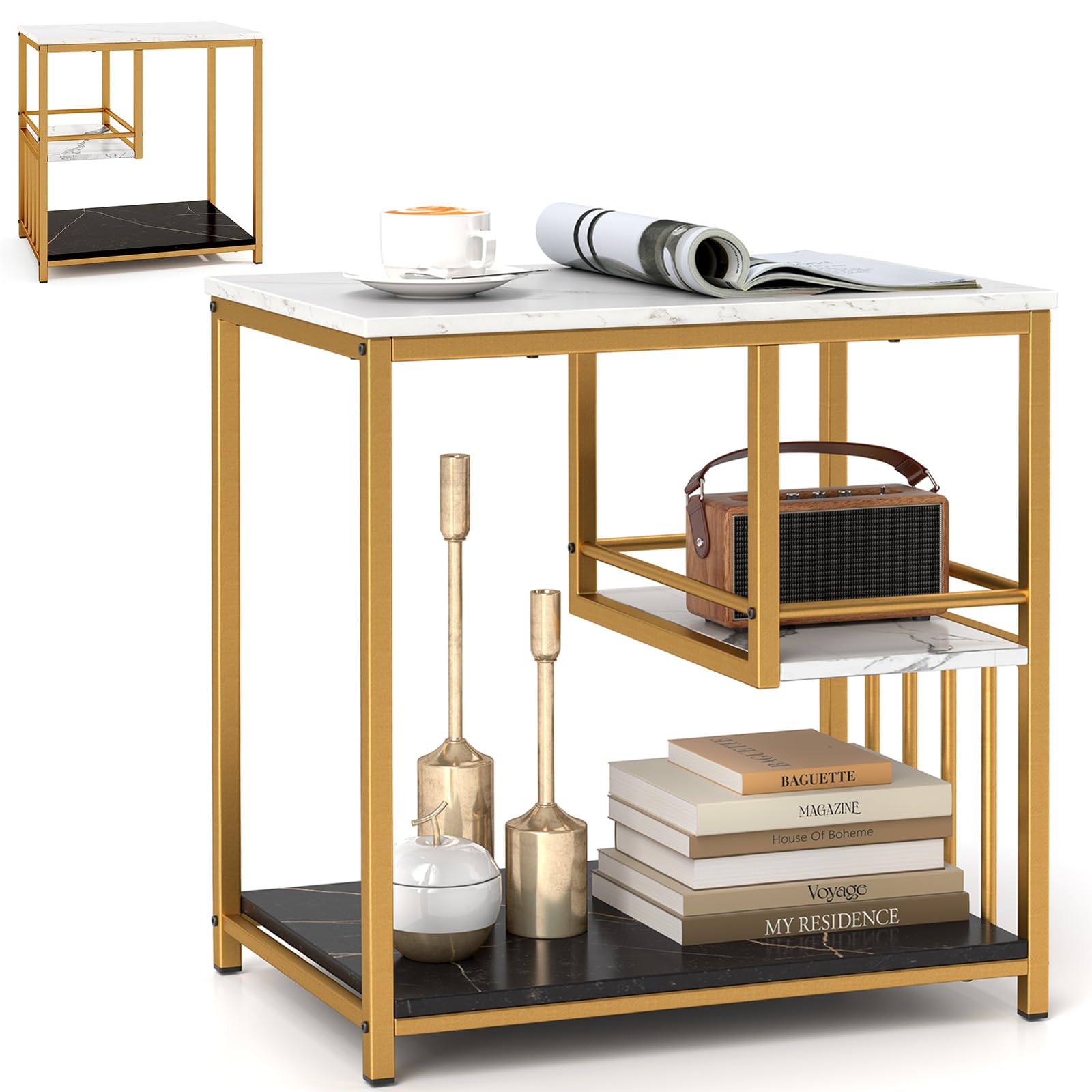 LIFEZEAL Tavolino Laterale da Divano a 3 Ripiani, Effetto di Marmo, Oro+Bianco, Tavolino Lato da Salotto Piccolo, Tavolino da Caffè, Decorativo, Moderno, Salvaspazio, Soggiono, Max 80kg, 60x40x60,5 cm
