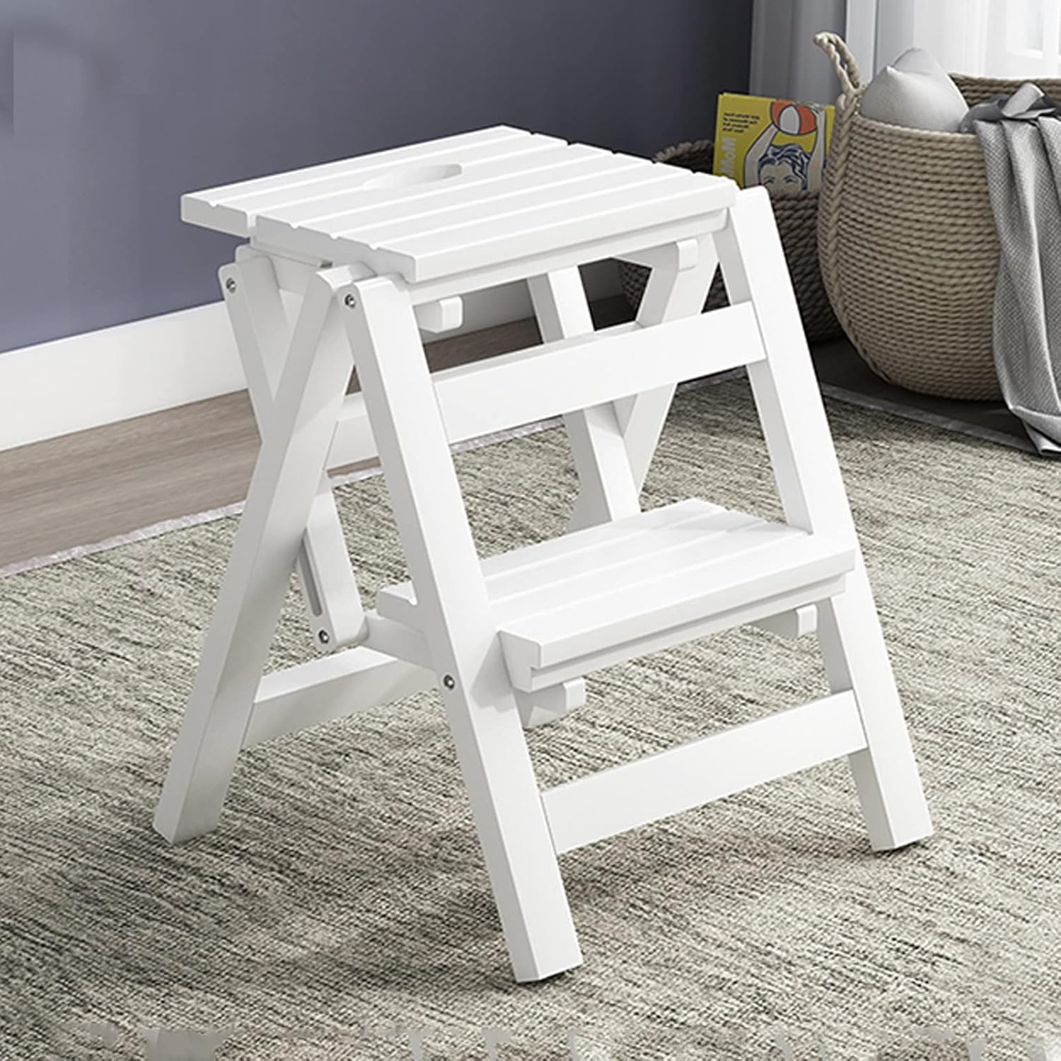 Portable Step Stool Wooden Ladder Chair ，2 Steps Multifunction Foldable Ladders Chair Rack Folding Stepladder Stairway Chairs for Home Kitchen Library