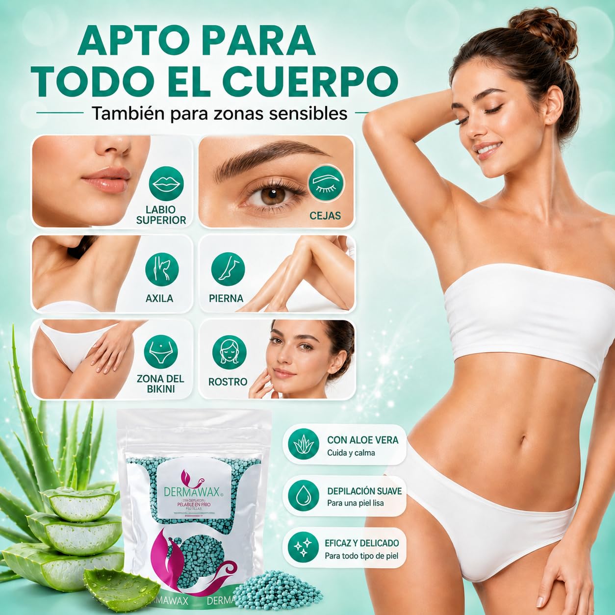 Perlas de Cera Aloe Vera 1 kg Profesional – Cera Depilatoria Sin Bandas para Piel Sensible, Brasileña, Facial y Corporal – Dermawax