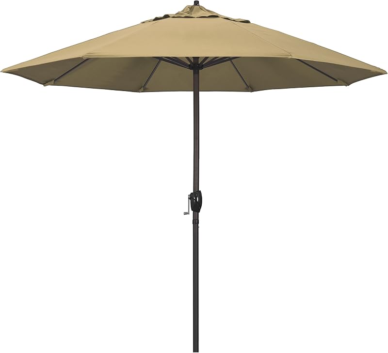 California Umbrella 9' Round Aluminum Outdoor Deck, Pool or Patio Umbrella, Crank Lift, Auto Tilt, Bronze Pole, Champagne Olefin
