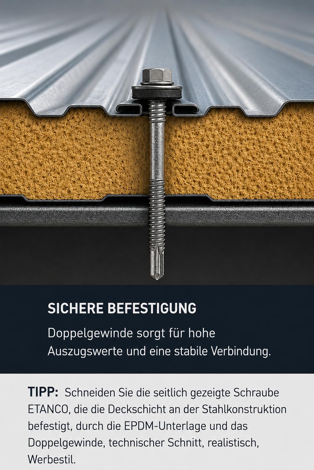 ETANCO GTR 12 SP A19 Tornillo de doble rosca autoperforante para paneles sándwich sobre acero RAL 7016 antracita EPDM arandela ETA CE SW8, 100 unidades (5,5/6,3 x 190 mm)