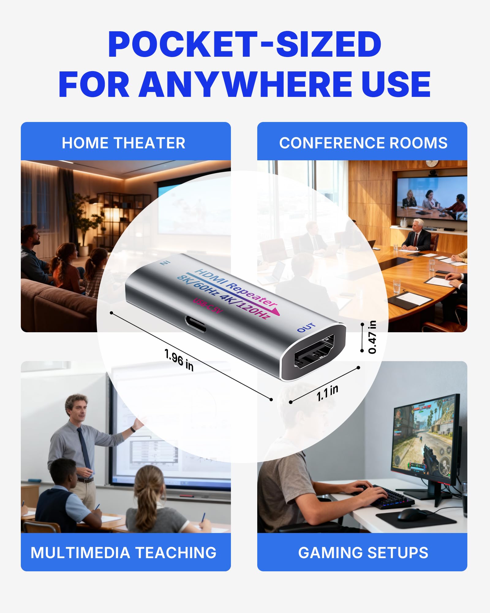 Amplificateur de signal HDMI 8K 2.1, 8K@60Hz/4K@240Hz, étend HDMI 1080p jusqu'à 50m, HDCP 2.3