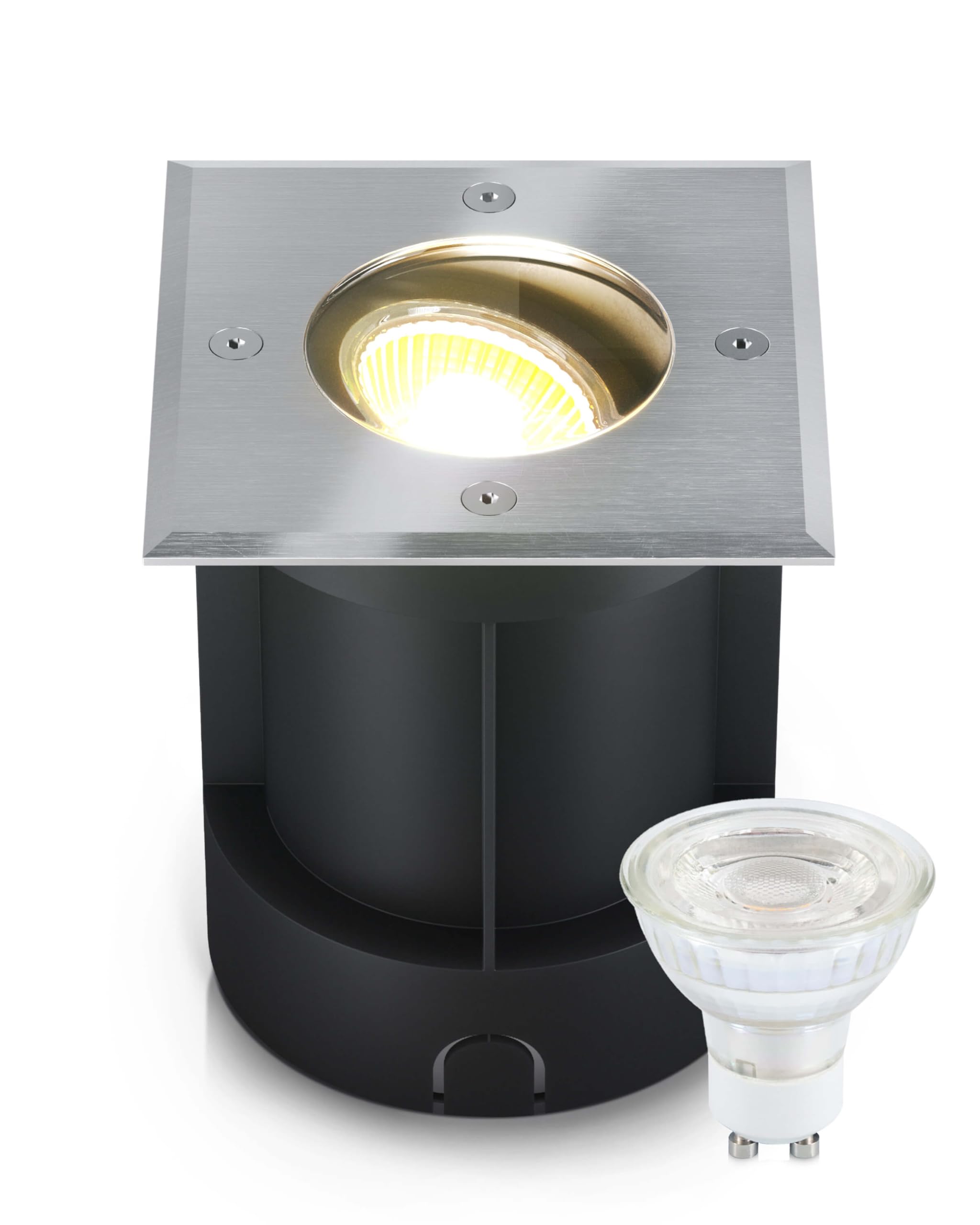 lambado® LED Bodeneinbaustrahler für Aussen IP67 - Wasserdicht & Befahrbar inkl. 5W 230V GU10 Strahler warmweiss - Bodenstrahler/Bodenleuchte Eckig aus Edelstahl für Terrasse & Garten
