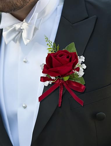 Miniatura 7 de CherishedMoments Boutonniere de rosas rojas para hombres, juego de 6, flores artificiales para novio y padrino para ceremonia de boda, aniversario,