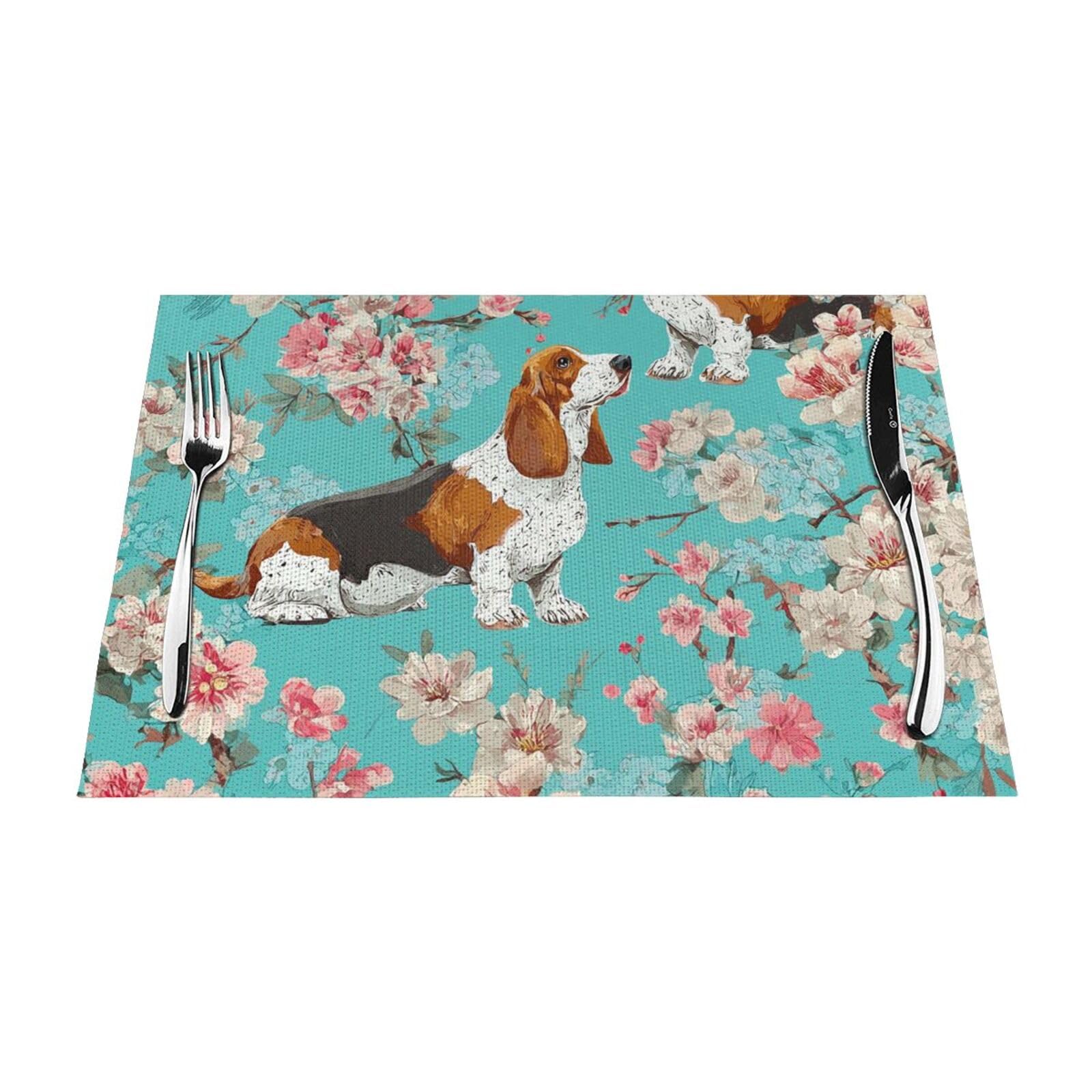 Placemats Set of 1 PC Washable PVC Table Mats Heat Resistant Vinyl Woven Place Mats Sweet Basset Hound Florals Placemats Non-Slip Wipeable Placemats for Kitchen Dining Table Decoration 45 x 30 cm