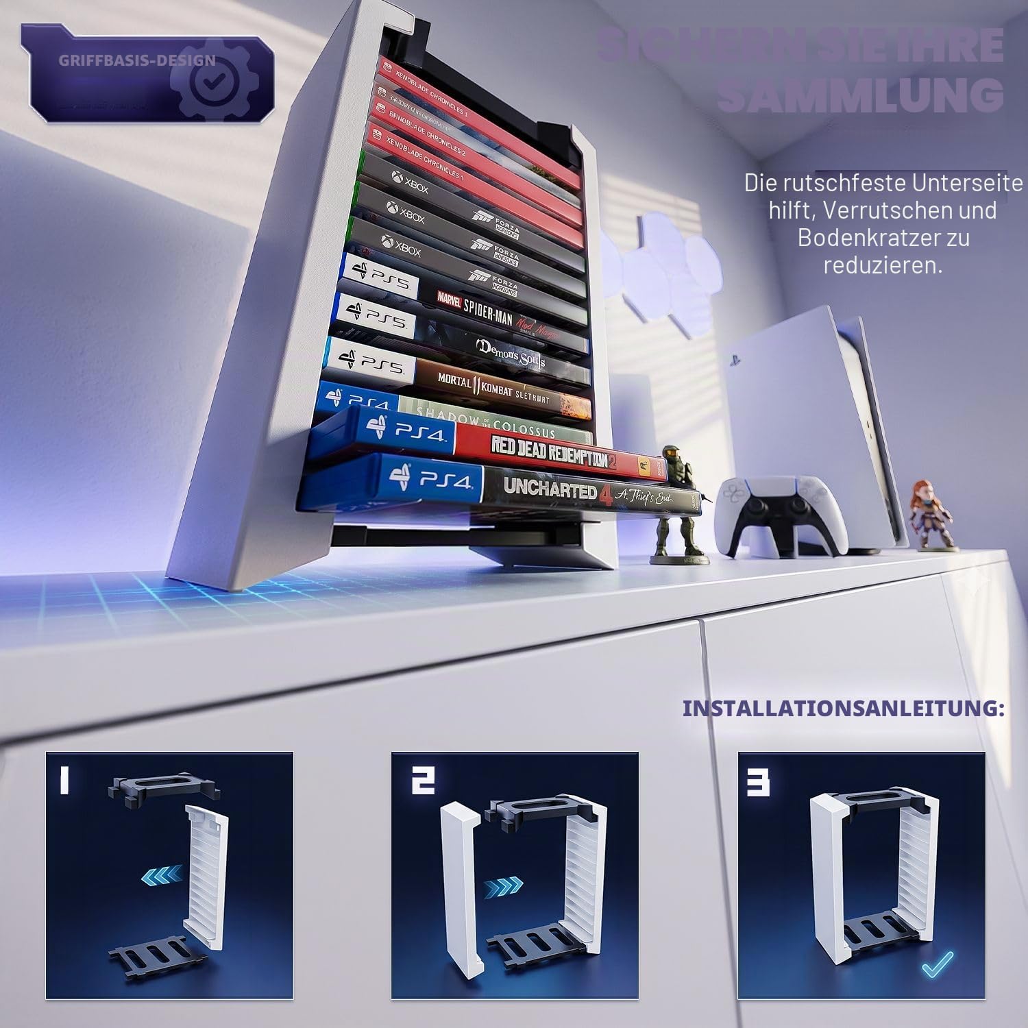 TNP Videospiel-Aufbewahrungsturm (12 CDs, Blu-ray-Hülle), Universal-DVD-Halterung, Regal, Ständer, vertikaler Organizer für Nintendo Switch, PS5, Playstation 4, Xbox Filme