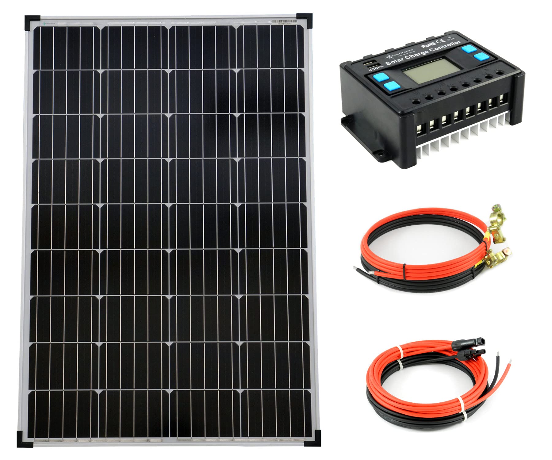 SOLARTRONICS Inselanlage Solar Set: 1x 100W monokristalline Solarmodul + 20A Laderegler + PV Kabel + Solar Batteriekabel