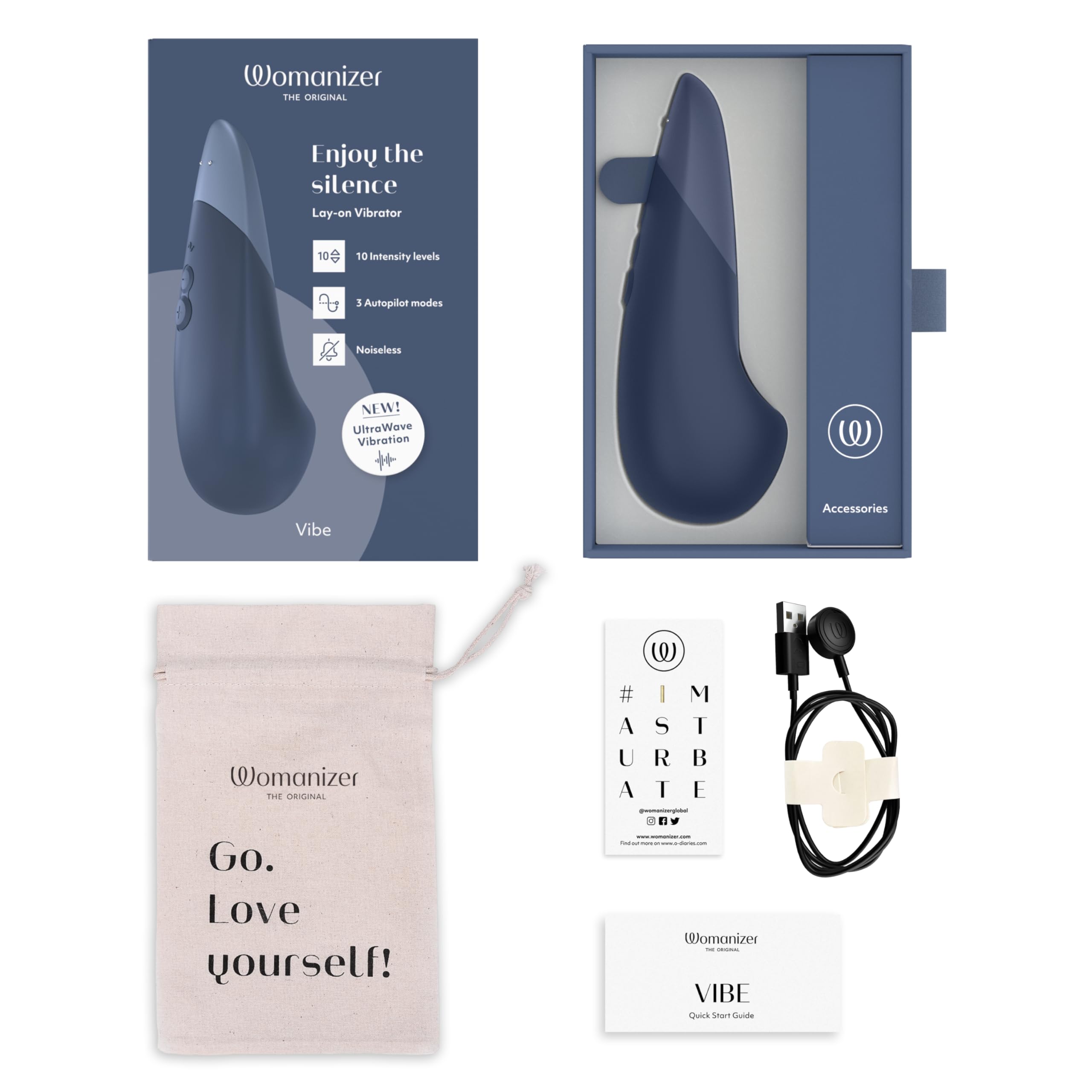 Womanizer Vibe - Vibratore Lay-on per stimolazione clitoridea - Dispositivo per il piacere a vibrazione per adulti con 10 livelli di intensità - Sex toy silenzioso per donne - Blu scuro