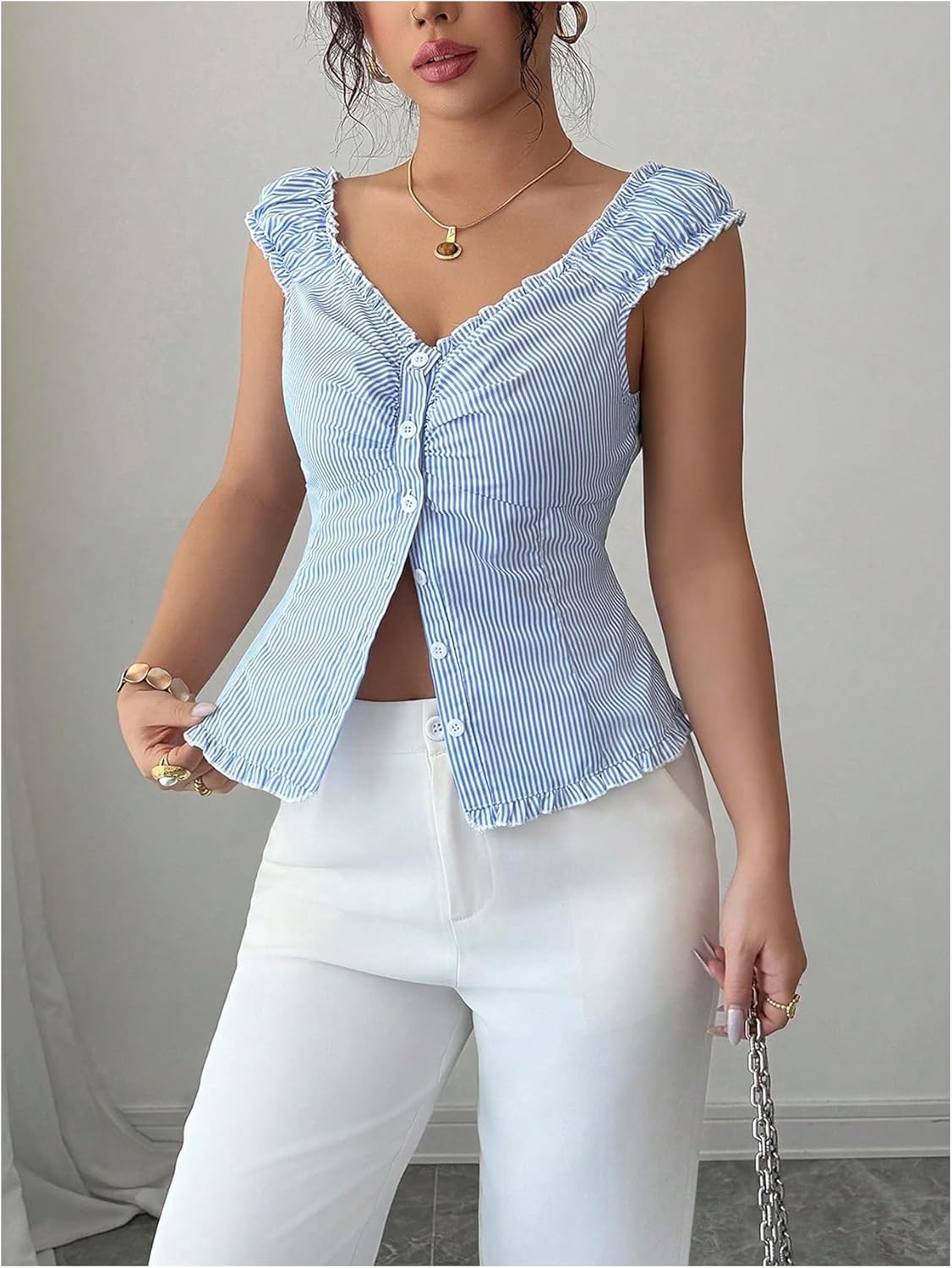 WDIRARA Women's Striped Off The Shoulder Blouses Button Down V Neck Crop Tops - Image 5