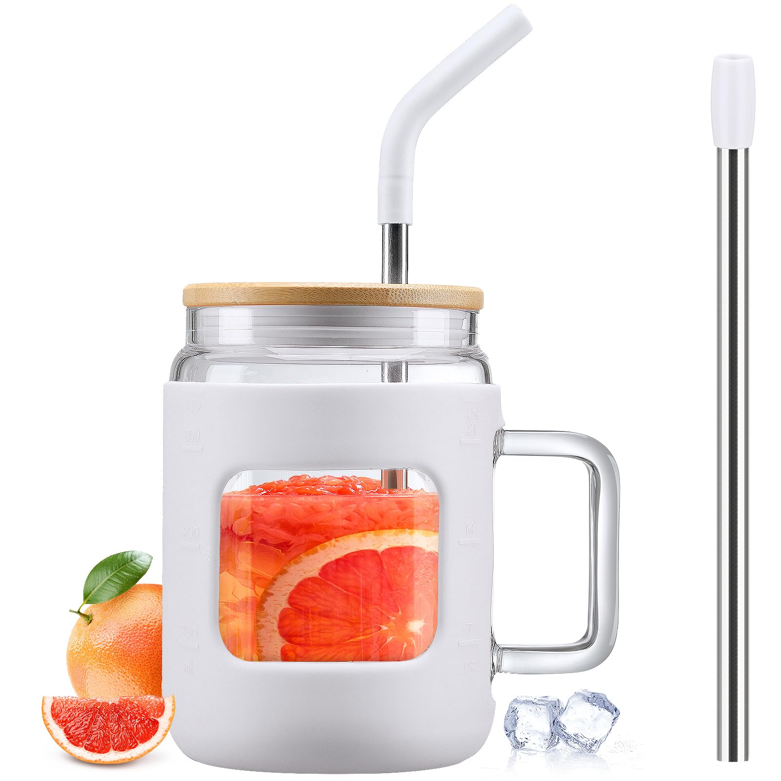 24 oz Glass Water Bottles with Time Marker,Glass Tumbler with Bamboo Lid and Straw,Iced Coffee Cup with Handle,Glass Cups with Silicone Protective Sleeve BPA Free-White