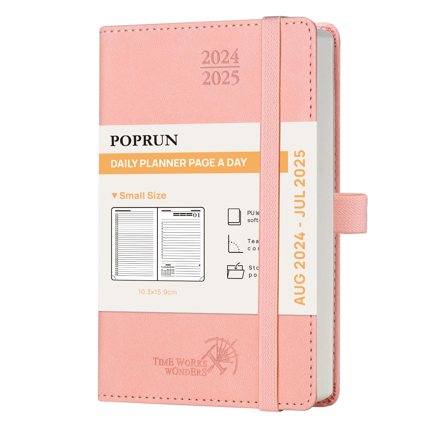 POPRUN Agenda 2024 2025 Dia Por Pagina A6, Diaria 12 Meses 16 x 10,5 cm, Tapa Blanda, Banda Elástica, Papel Certificado FSC® 80 GSM, Rosado