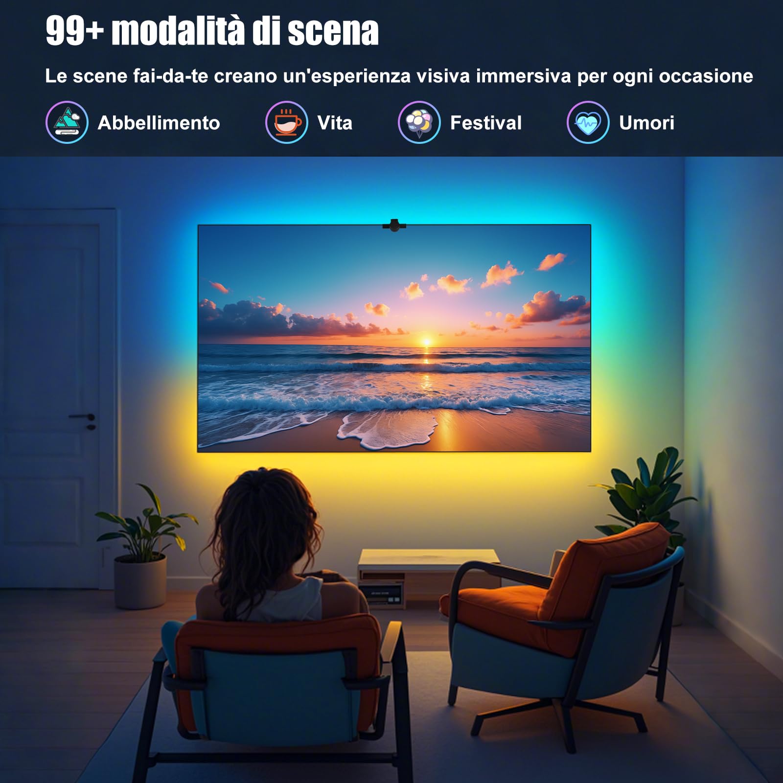 Diyife Striscia Led, [Versione Aggiornata] LED TV Retroilluminazione, sensori AR rilevano il colore, 4 M Strisce LED con App Controllato e Controller per TV da 55-65 Pollici,PC Monitor, Film e Giochi