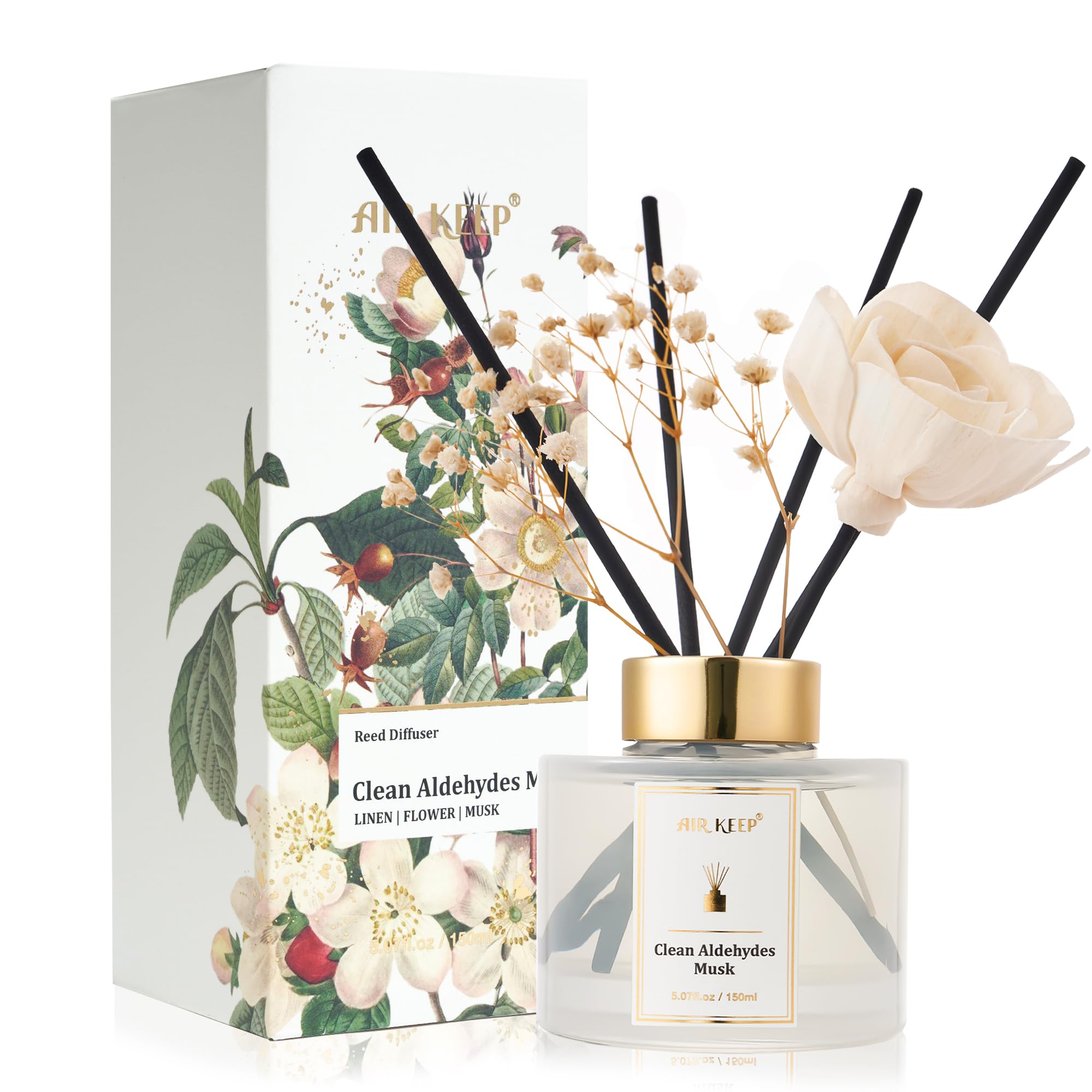 Airkeep Flower Reed Diffusers Set, 5.07 oz Clean Aldehydes Musk Scented Oil Diffuser with 8 Reed Sticks, Home Fragrance Diffuser Gift Set for Bathroom & Office Decor 150ml