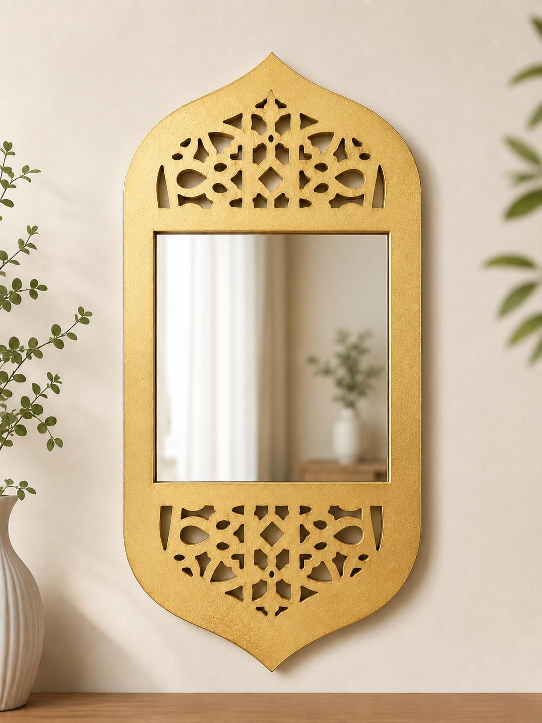 Wooden Jharokha Wall Mirror Frame | Decorative Carved Wall Hanging Mirror | MDF Wooden Wall Decor for Living Room, Bedroom & Entryway | 12×6 Inch (Gold)-image-47
