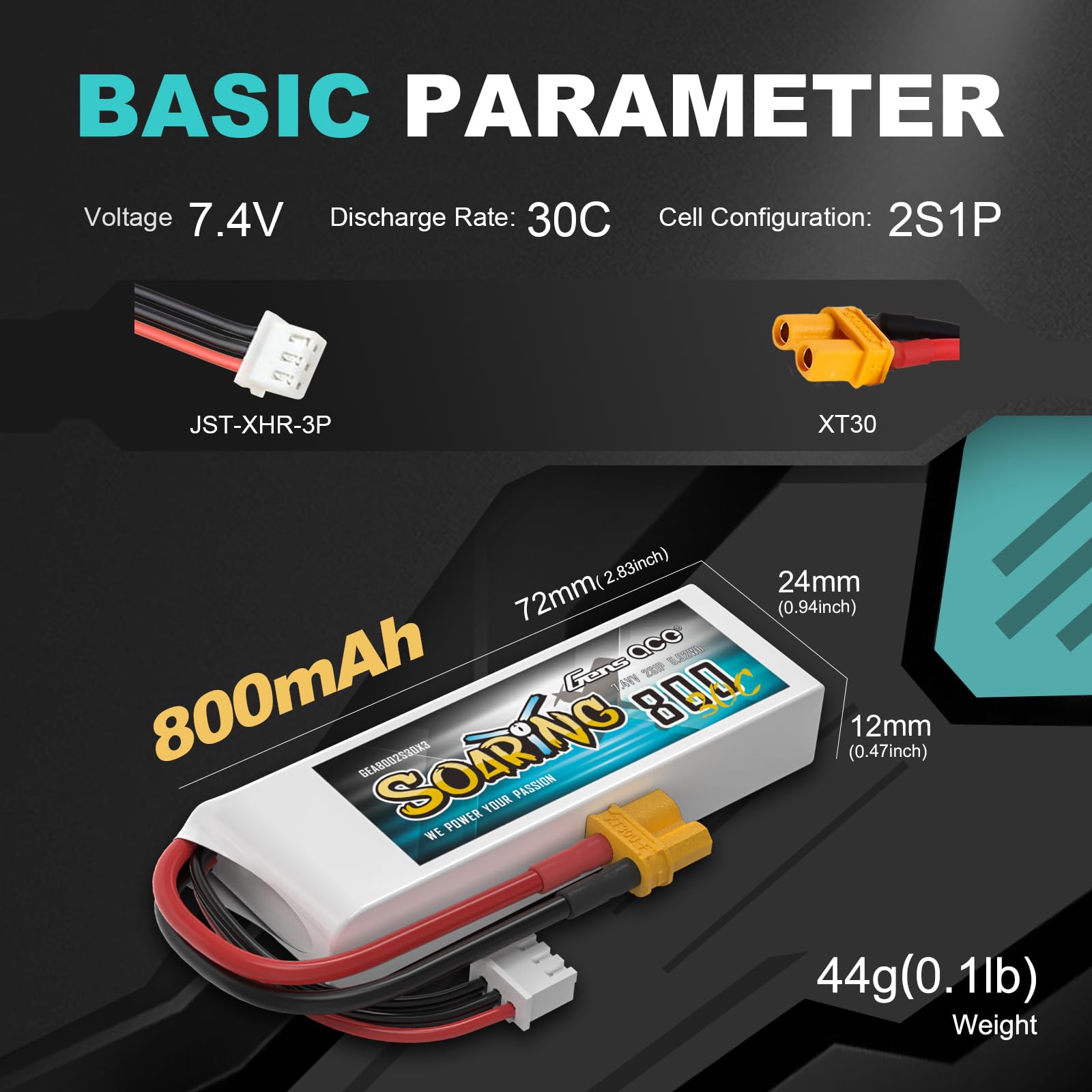 GEA33002S30X9 - GENS ACE SOARING BATTERIE LIPO 2S1P 3300MAH 7.4V 30C XT90
