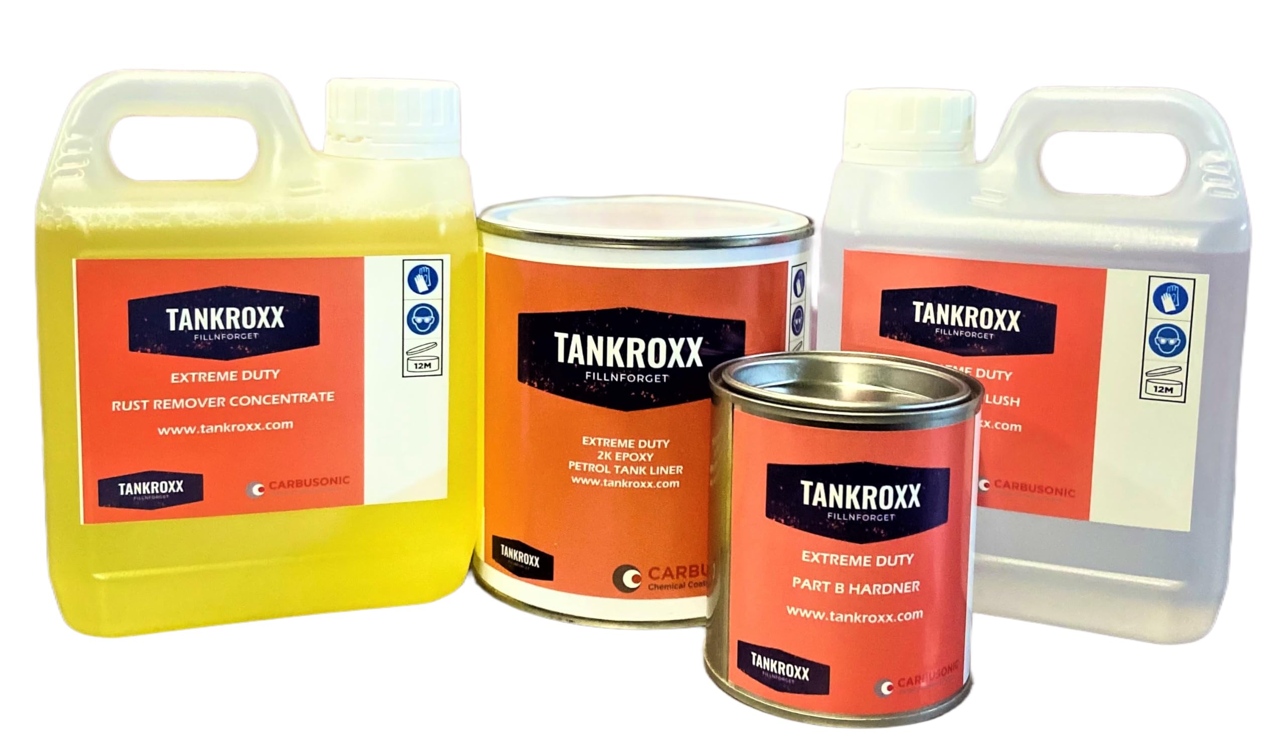 Carbusonic Tankroxx Extreme Duty Fuel Tank Sealer Kit, Petrol Tank Liner, Rust Remover, Epoxy Coating (1250gm epoxy kit with rust and flush treatment)