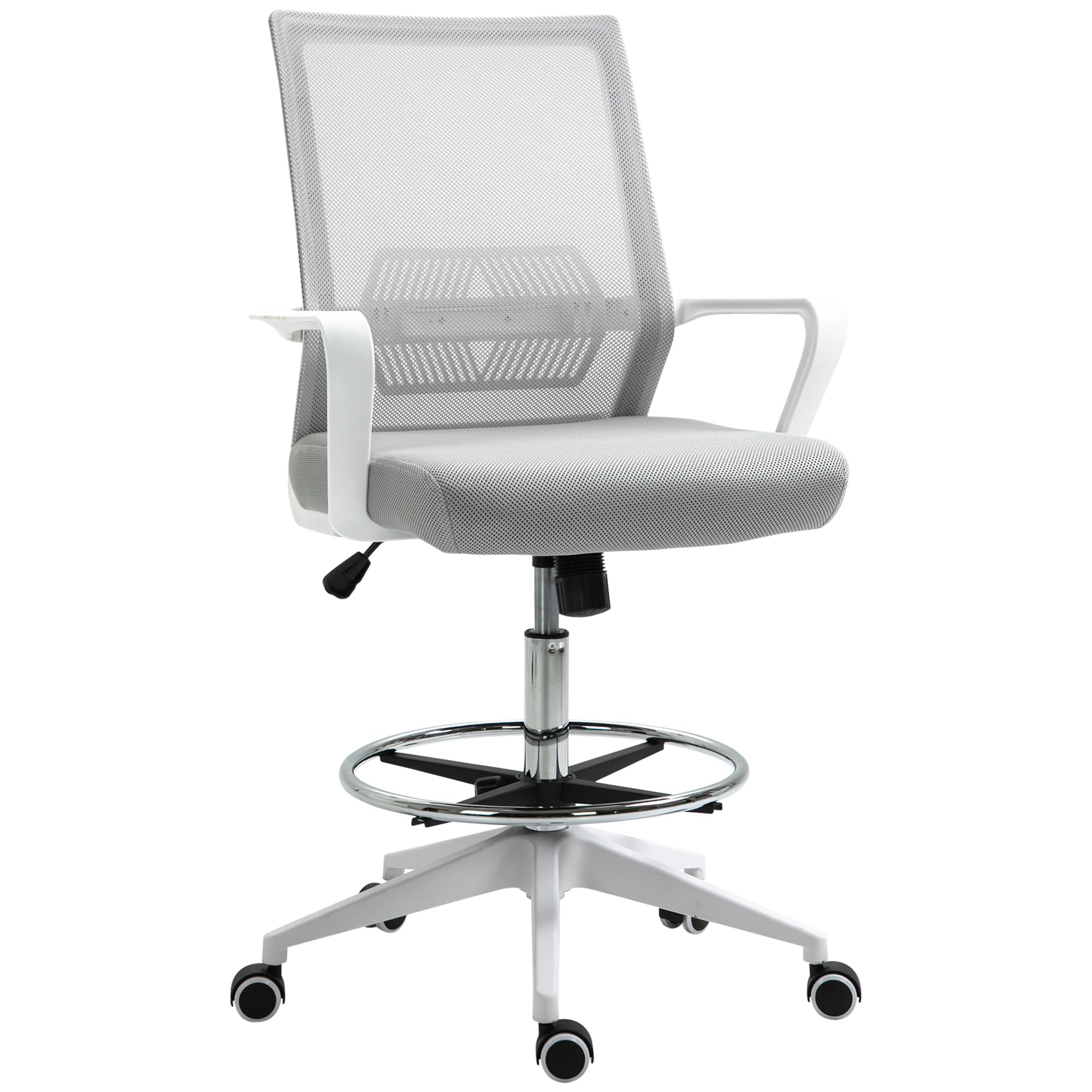 Vinsetto - Silla de oficina con asiento alto ajustable, taburete de oficina giratorio de 360°, color gris y blanco, malla transpirable