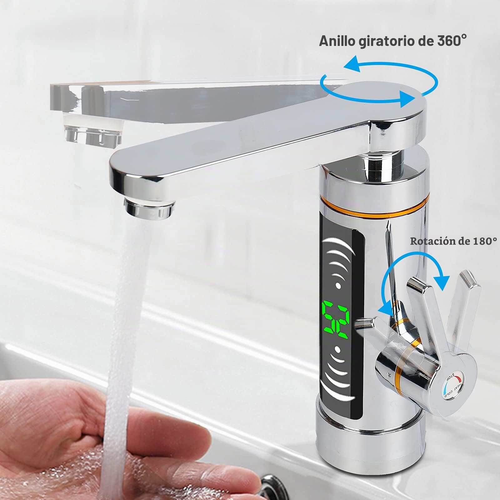 Grifo eléctrico giratorio de 360° - Grifo de calentamiento rápido - 3000 W - Con indicador de temperatura LED - Para baño - Cocina pequeña (Tipo A)