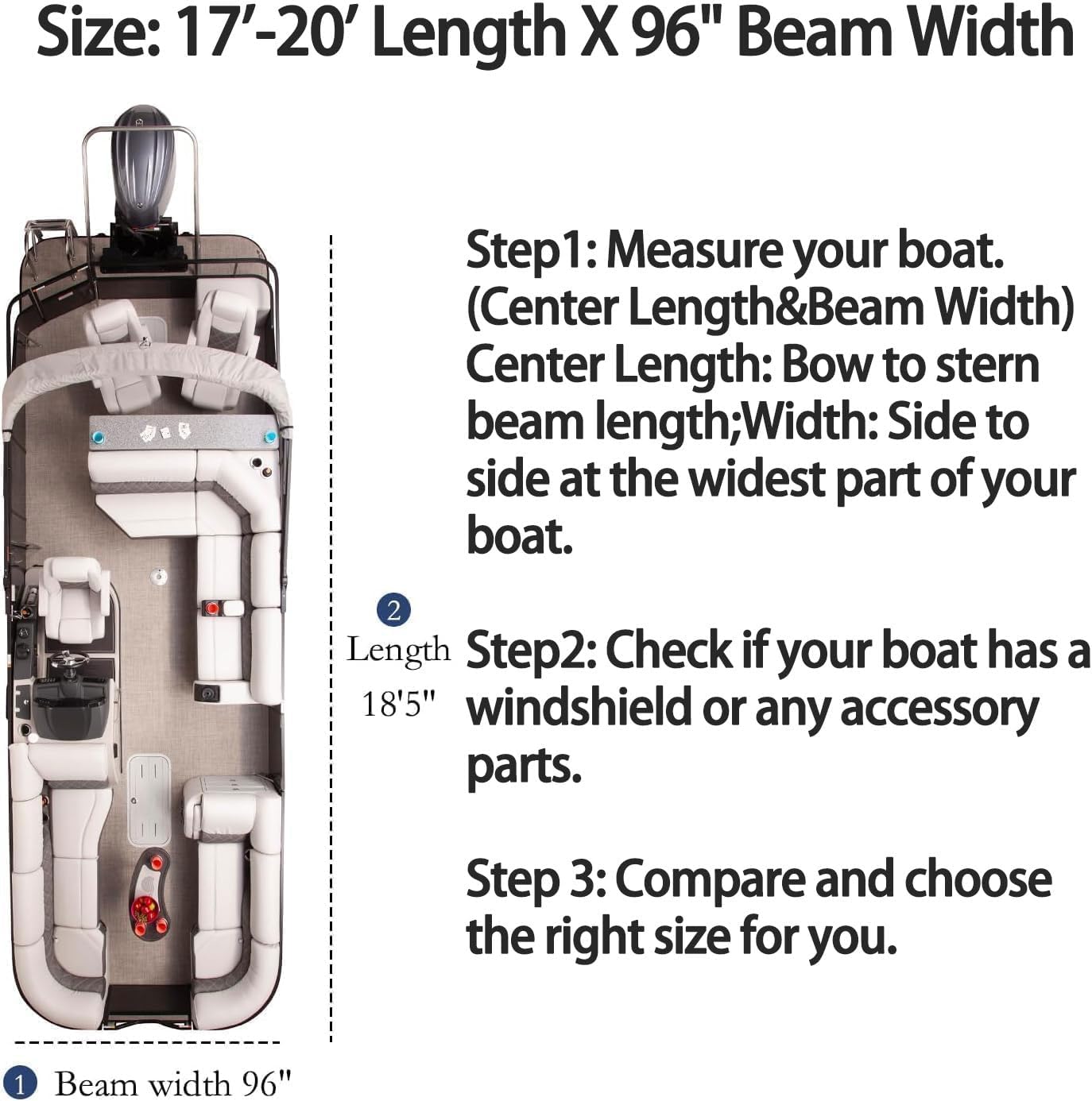 Pontoon Boat Cover, Heavy Duty Marine Grade Waterproof Deck Boat Cover, 17-20 ft Boat Cover for Pontoon with Windproof Straps, Black