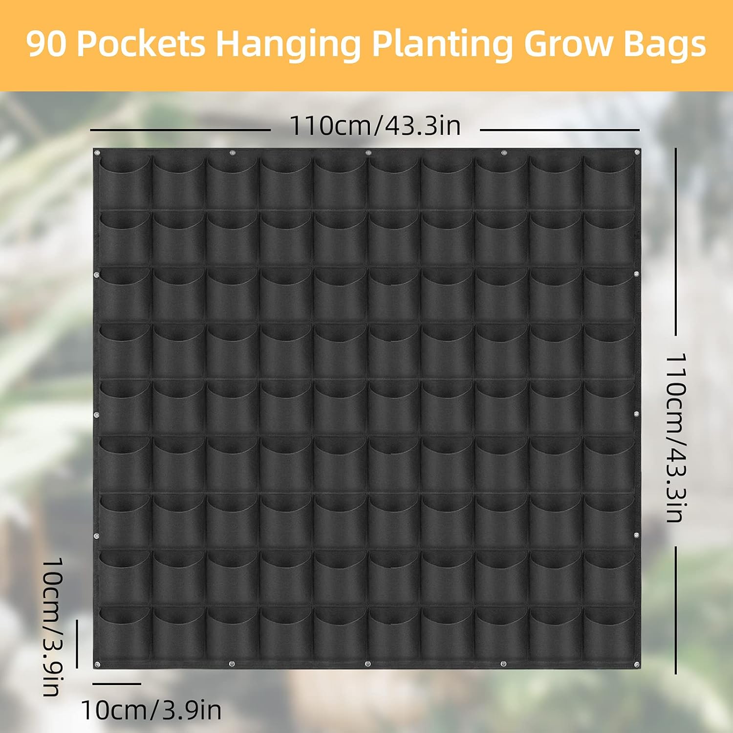 Hanging Planting Grow Bags, 90 Pockets Wall Planter Wall Mounted Grow Bag Outdoor Indoor Gardening Vertical Greening Flower Container, Planting Bags Storage Bags(1.1 m × 1.1 m, Black)