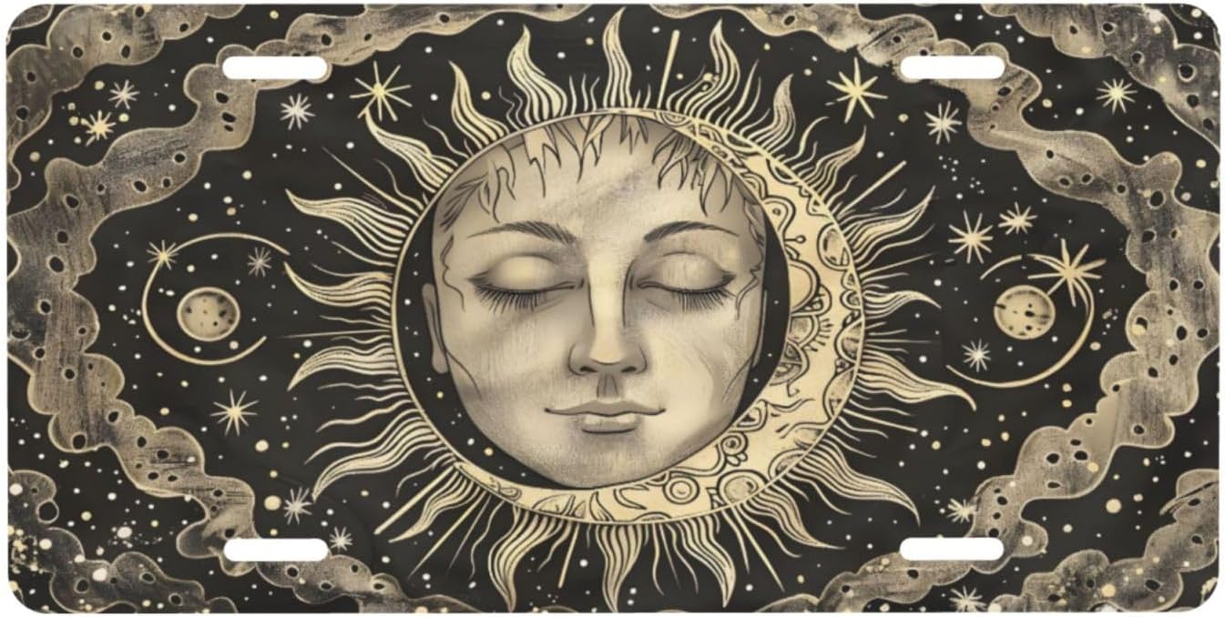 Boho Vintage Moon Sun Black Front License Plate Car Decor Accessory Aluminum Metal Decorative Car Plate Funny Novelty Vanity Tag with 4 Holes for